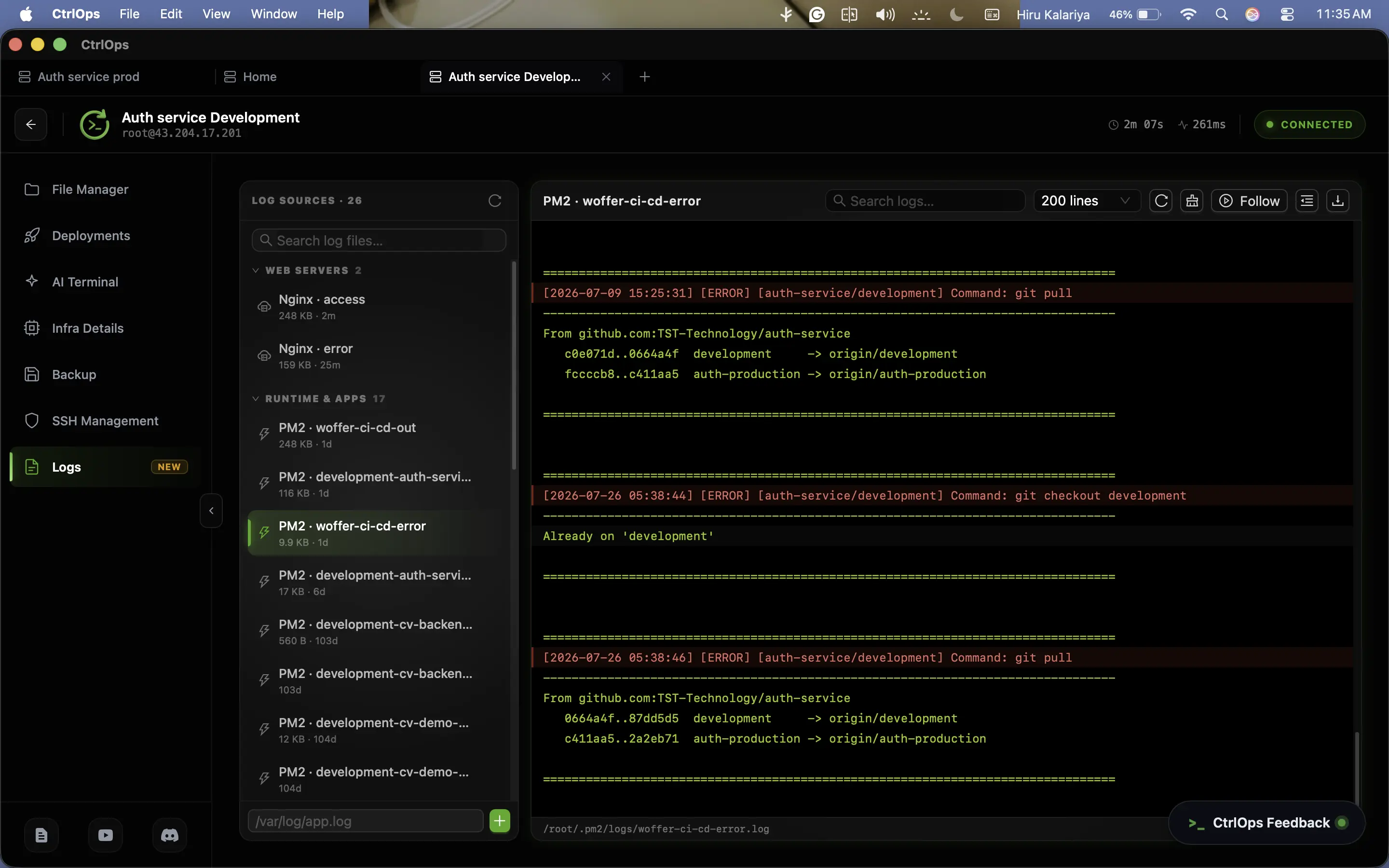 The CtrlOps Logs tab listing Nginx logs under Web Servers and PM2 out and error logs under Runtime & Apps, each with its size and age, with a PM2 error log from ~/.pm2/logs open in the viewer
