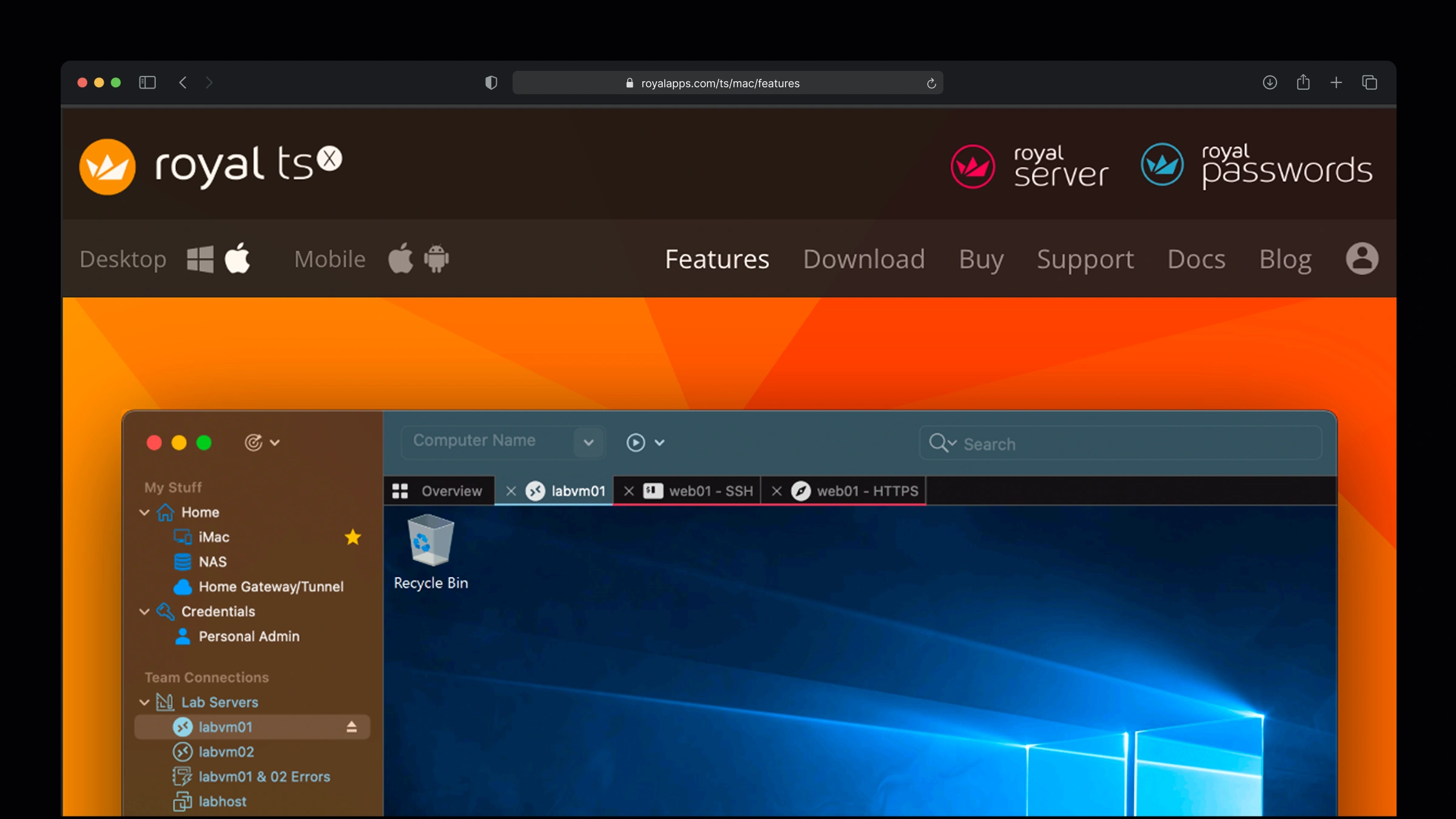 Royal TSX multi-protocol connection manager on Mac handling SSH, RDP, and VNC in one tabbed interface - a Termius alternative for mixed Linux and Windows environments