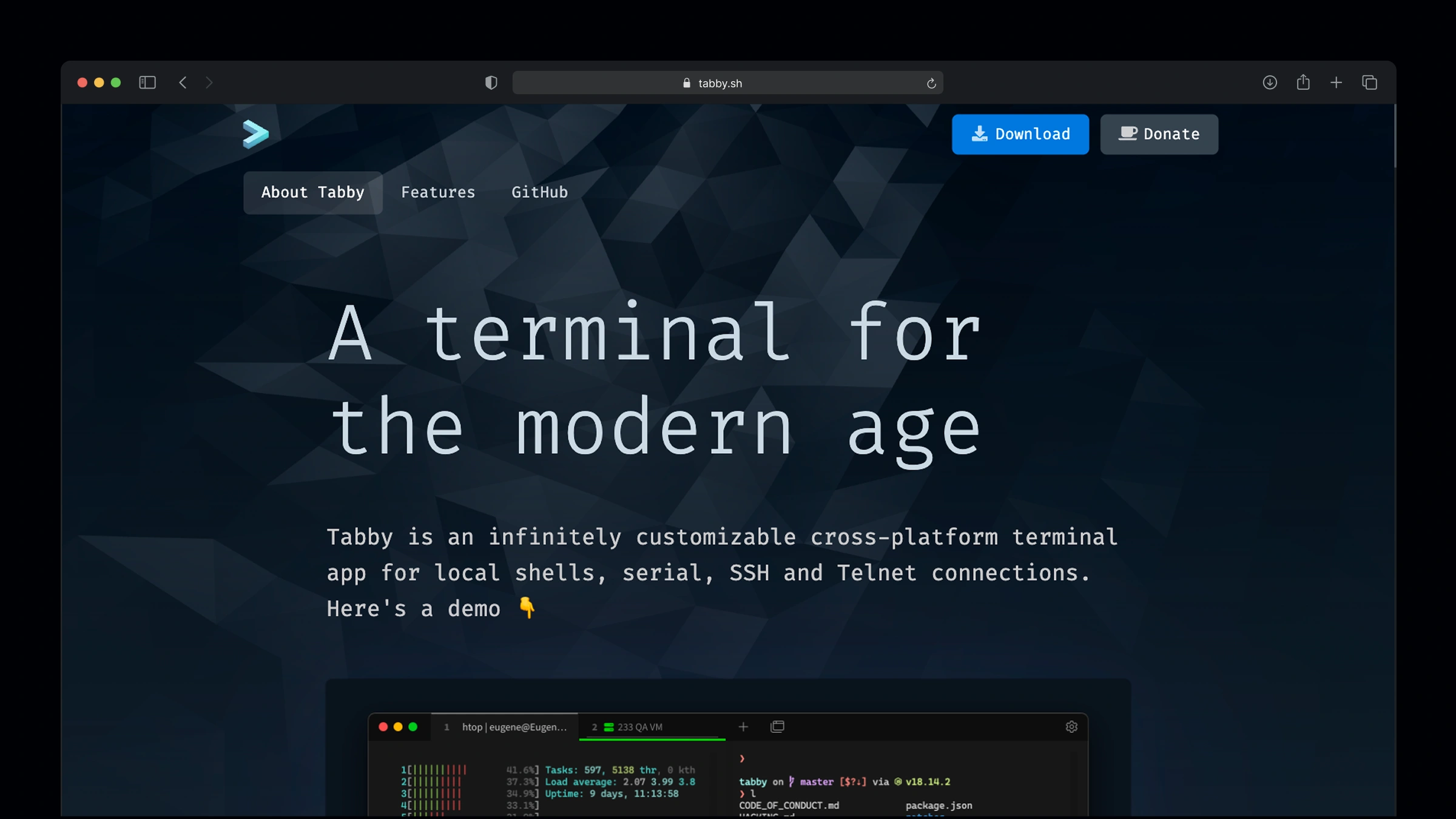 Tabby cross-platform open-source terminal on Mac with tabs, split panes, and a built-in SSH connection manager - a free Termius alternative with no vendor lock-in