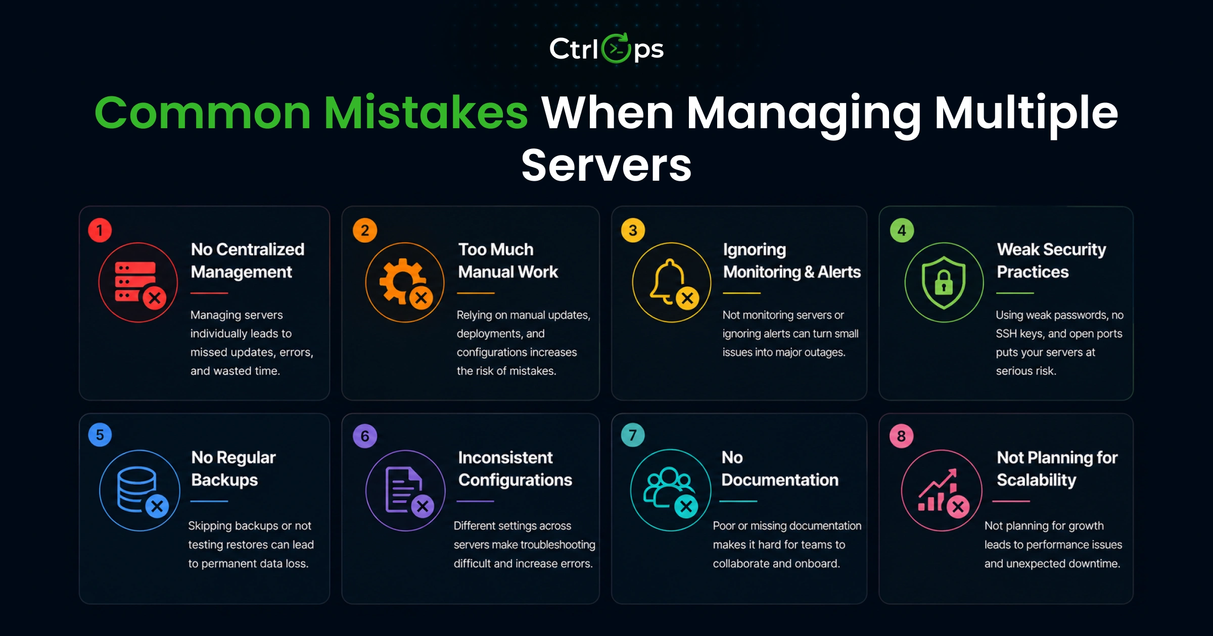Common mistakes when managing multiple servers — relying on memory, too many disconnected tools, and no standardized deployment process