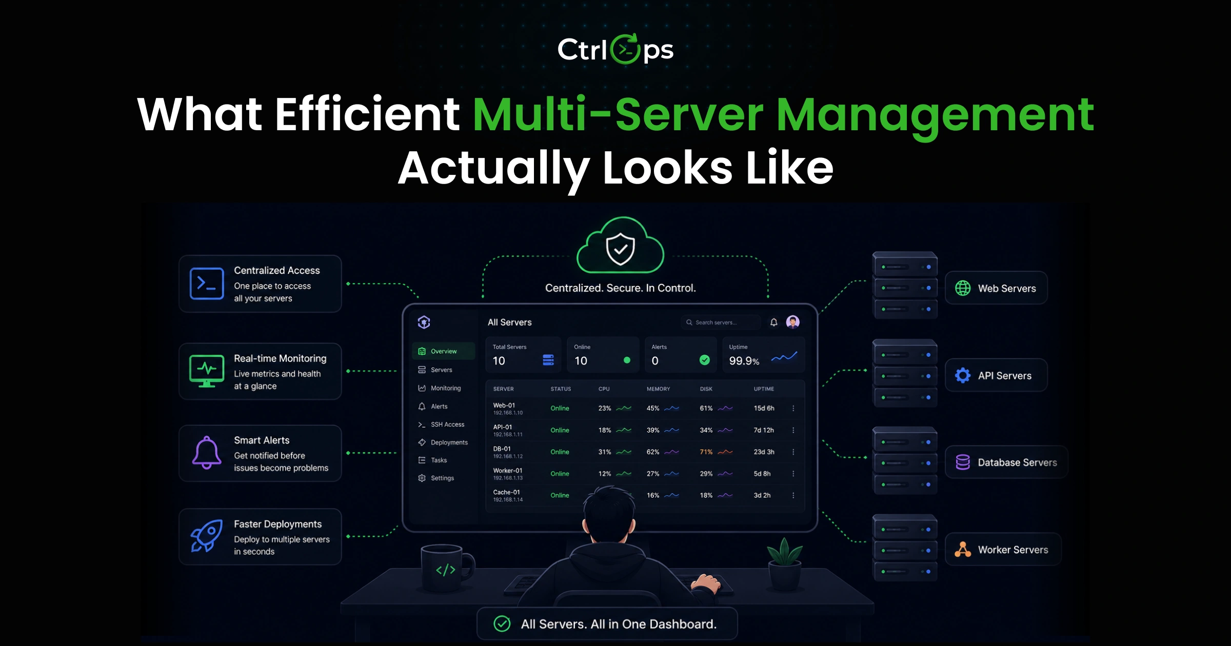 What efficient multi-server management actually looks like — centralized visibility, named SSH access, integrated file management, and fast server switching