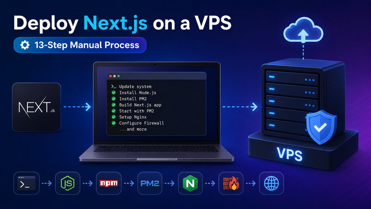Manual Next.js deployment on a Linux VPS: the full 13-step process covering server setup, the production build, PM2, Nginx, and SSL