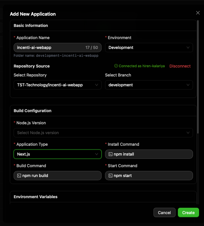 CtrlOps one-click deployment form Basic Information section with fields for application name, environment, and GitHub repository with HTTPS or SSH auth