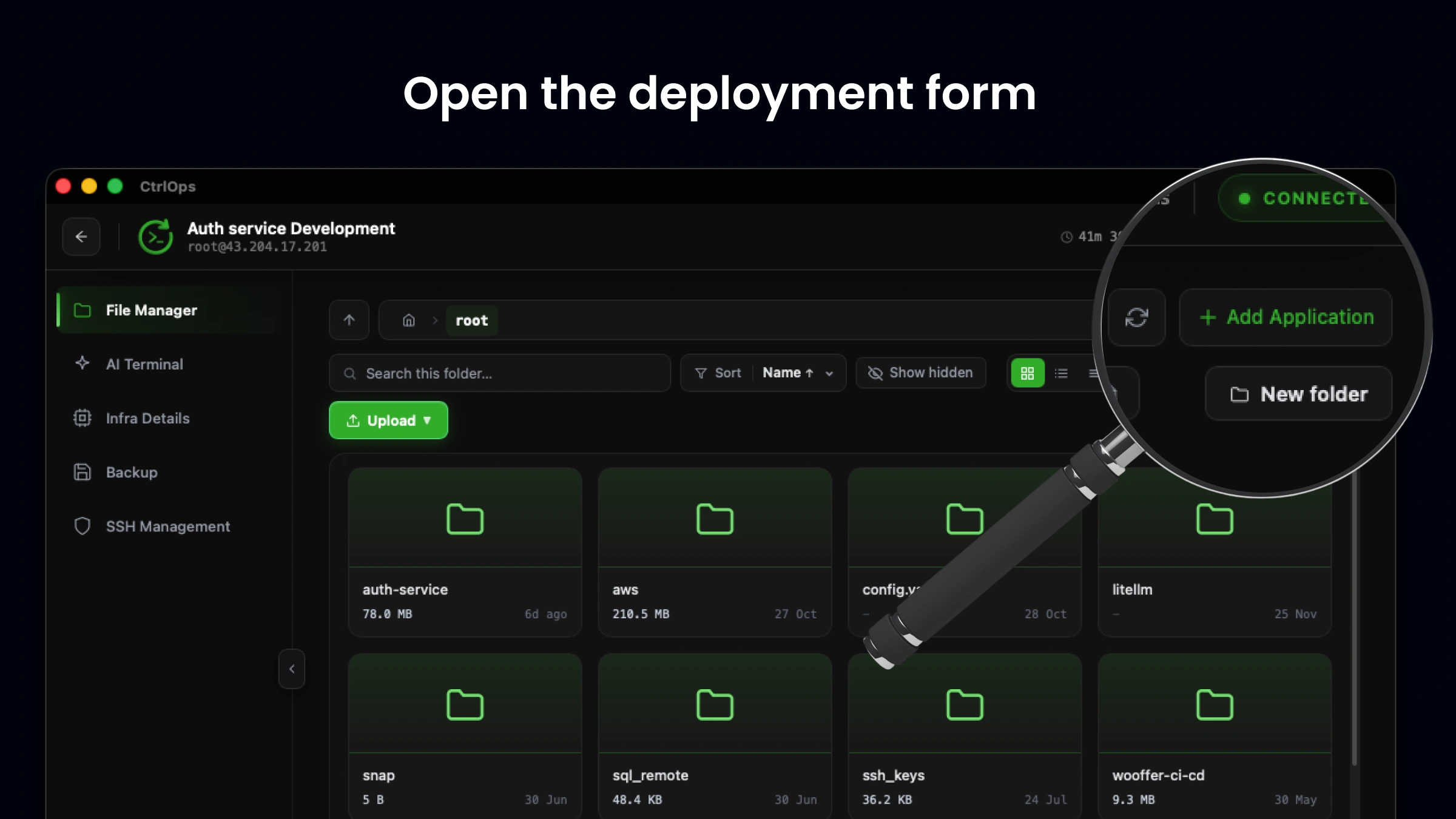 CtrlOps File Manager with the Add Application button highlighted, which opens the one-click Node.js deployment form