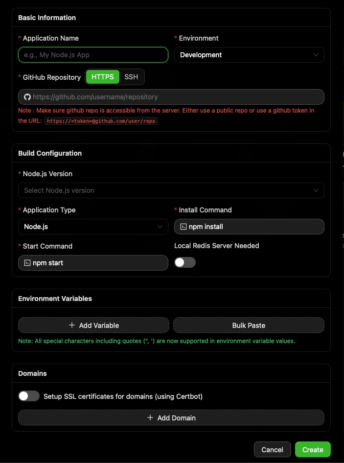 CtrlOps one-click deployment form with fields for GitHub repository, Node.js version, install and start commands, environment variables, and SSL domain setup