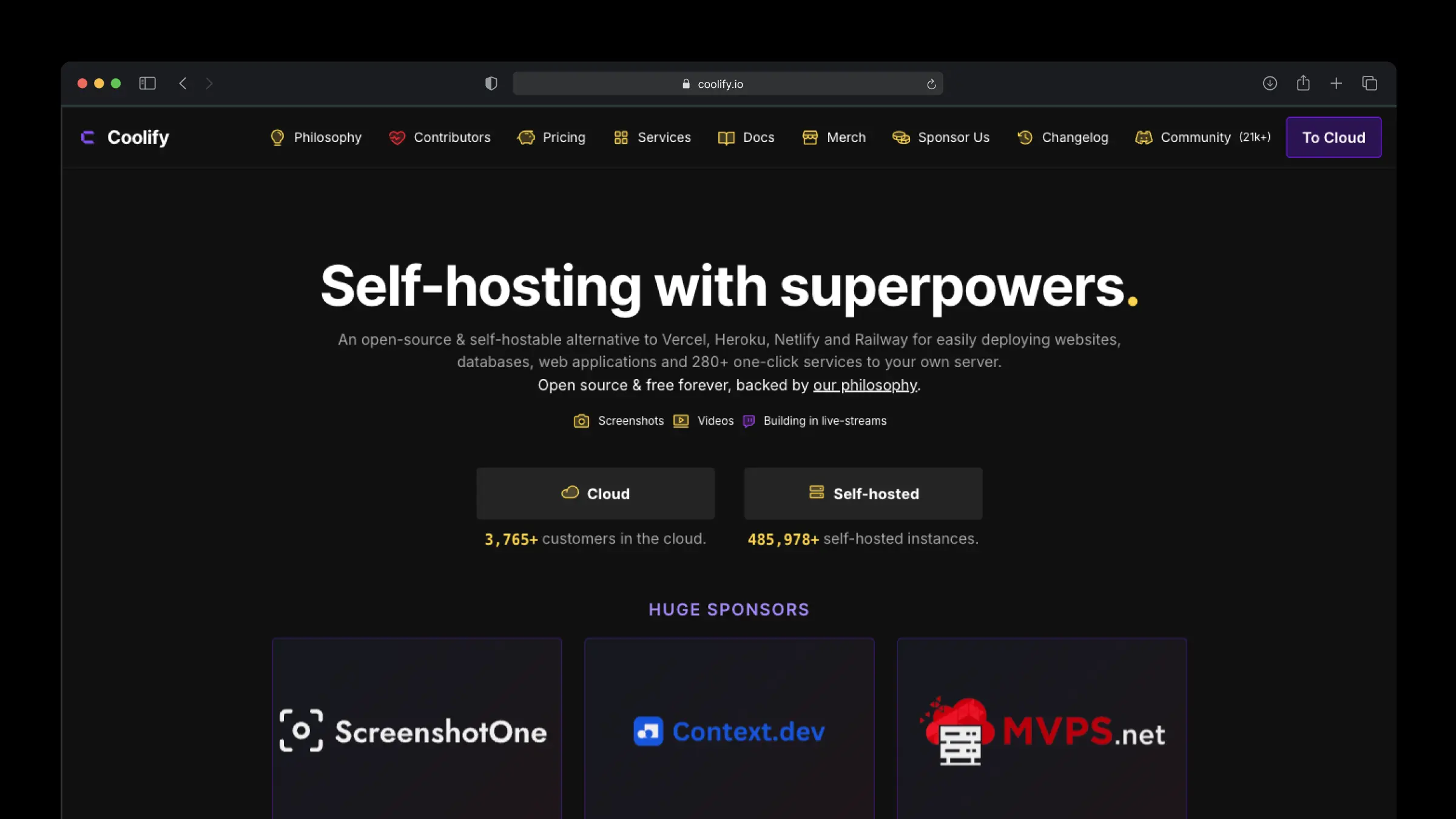 Coolify open-source self-hosted PaaS with 280+ one-click services and 485,978 self-hosted instances