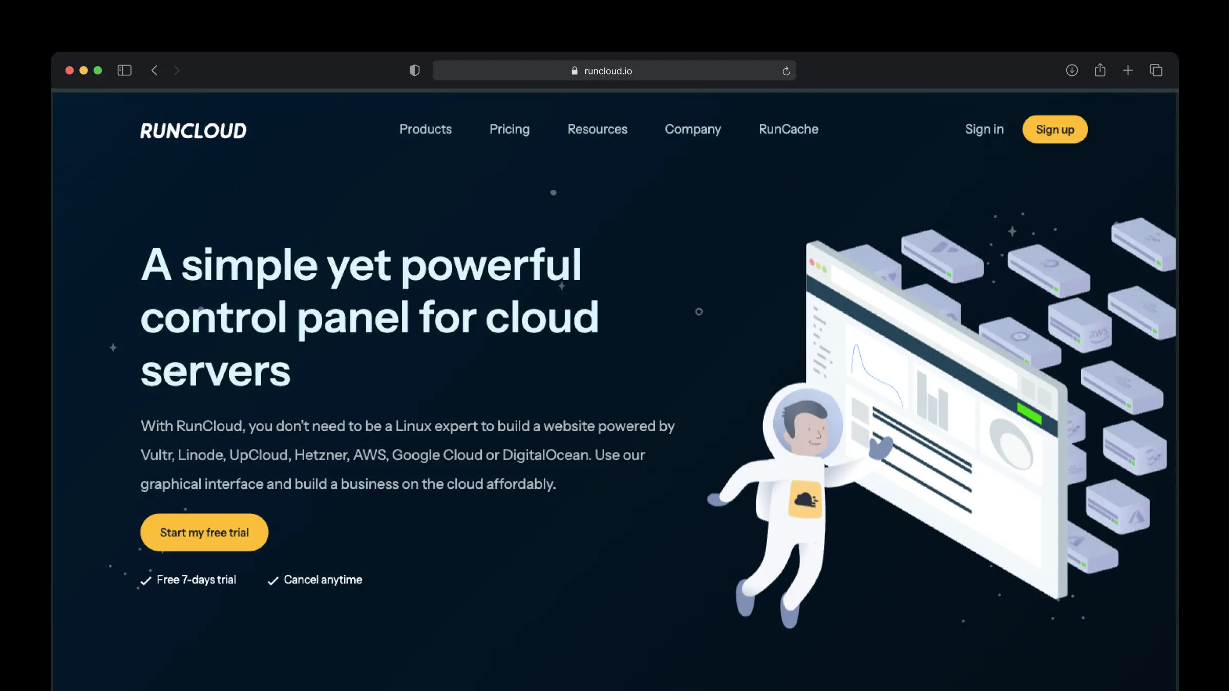 RunCloud managed control panel for cloud servers on AWS, DigitalOcean, Vultr and Hetzner, agent-based and per-server priced