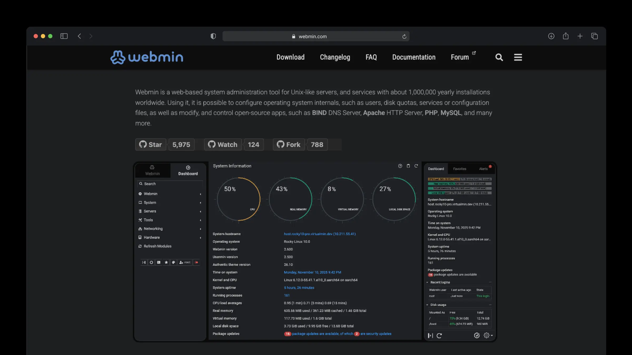 Webmin dashboard with CPU, memory and disk gauges and full system information for a Rocky Linux 10 server
