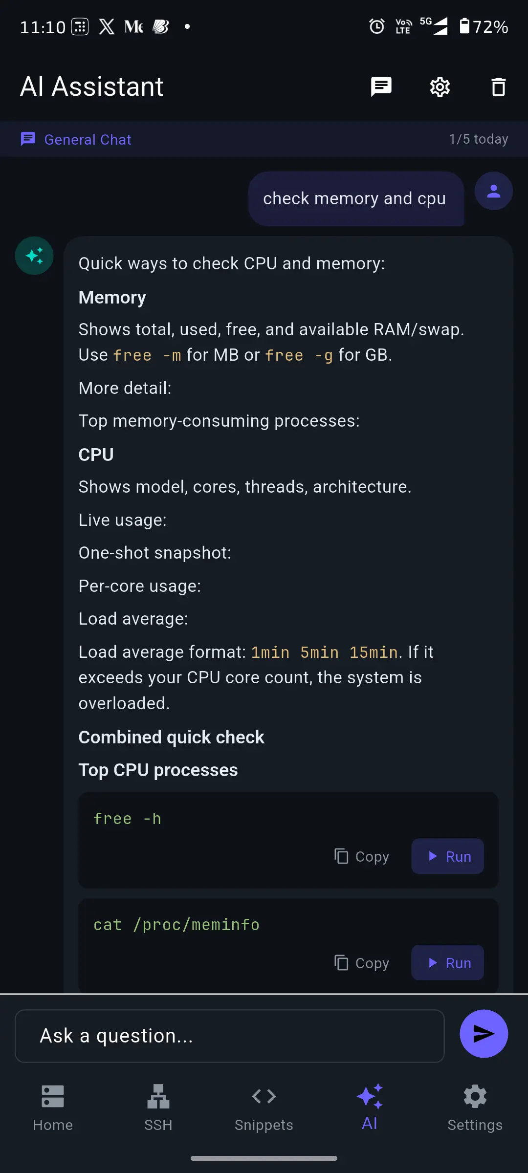 TermAI AI Assistant on an Android phone answering "check memory and cpu" with free -h and cat /proc/meminfo, each with Copy and Run buttons, and a 1/5 today counter for the free tier's daily AI requests