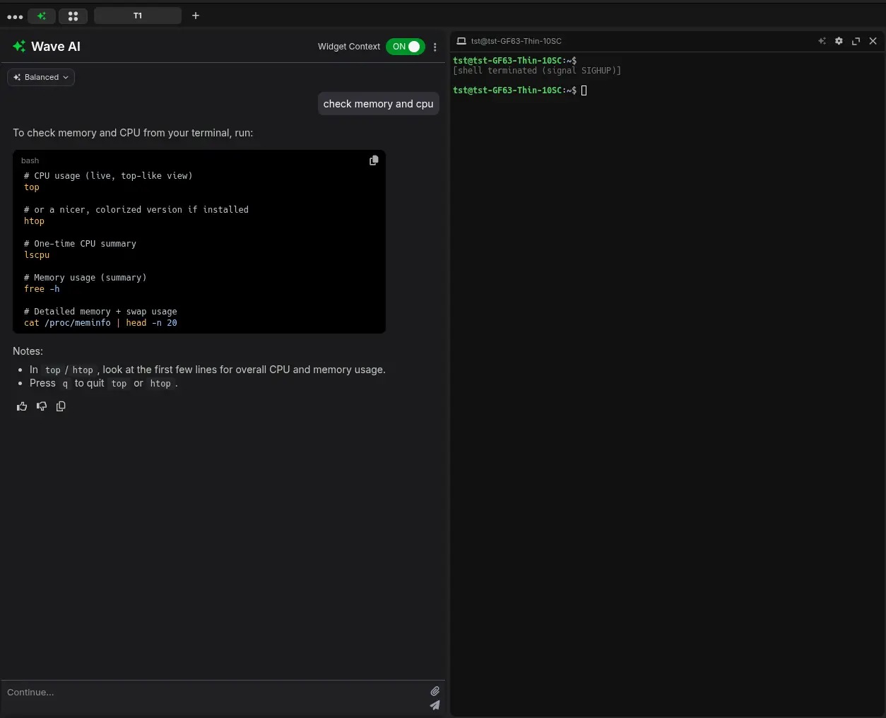 Wave AI panel beside a terminal, answering "check memory and cpu" with a bash block listing top, htop, lscpu, free -h and cat /proc/meminfo to copy, with Widget Context switched on and no command executed