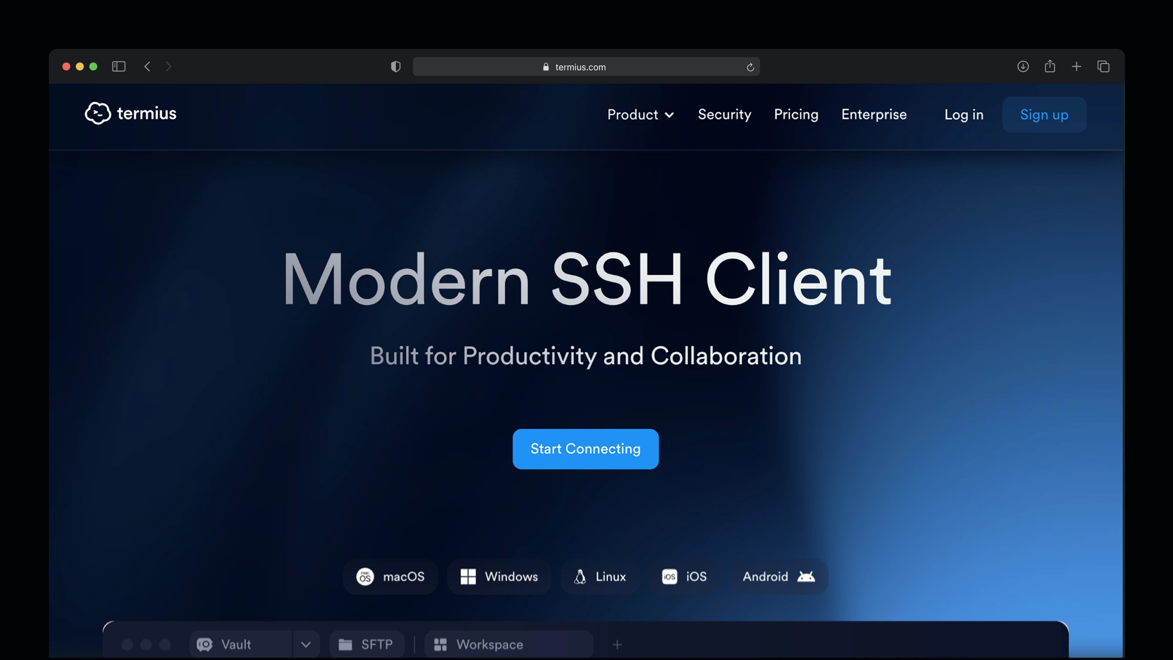 Termius cross-platform SSH client syncing servers and credentials across Linux, macOS, Windows, iOS, and Android