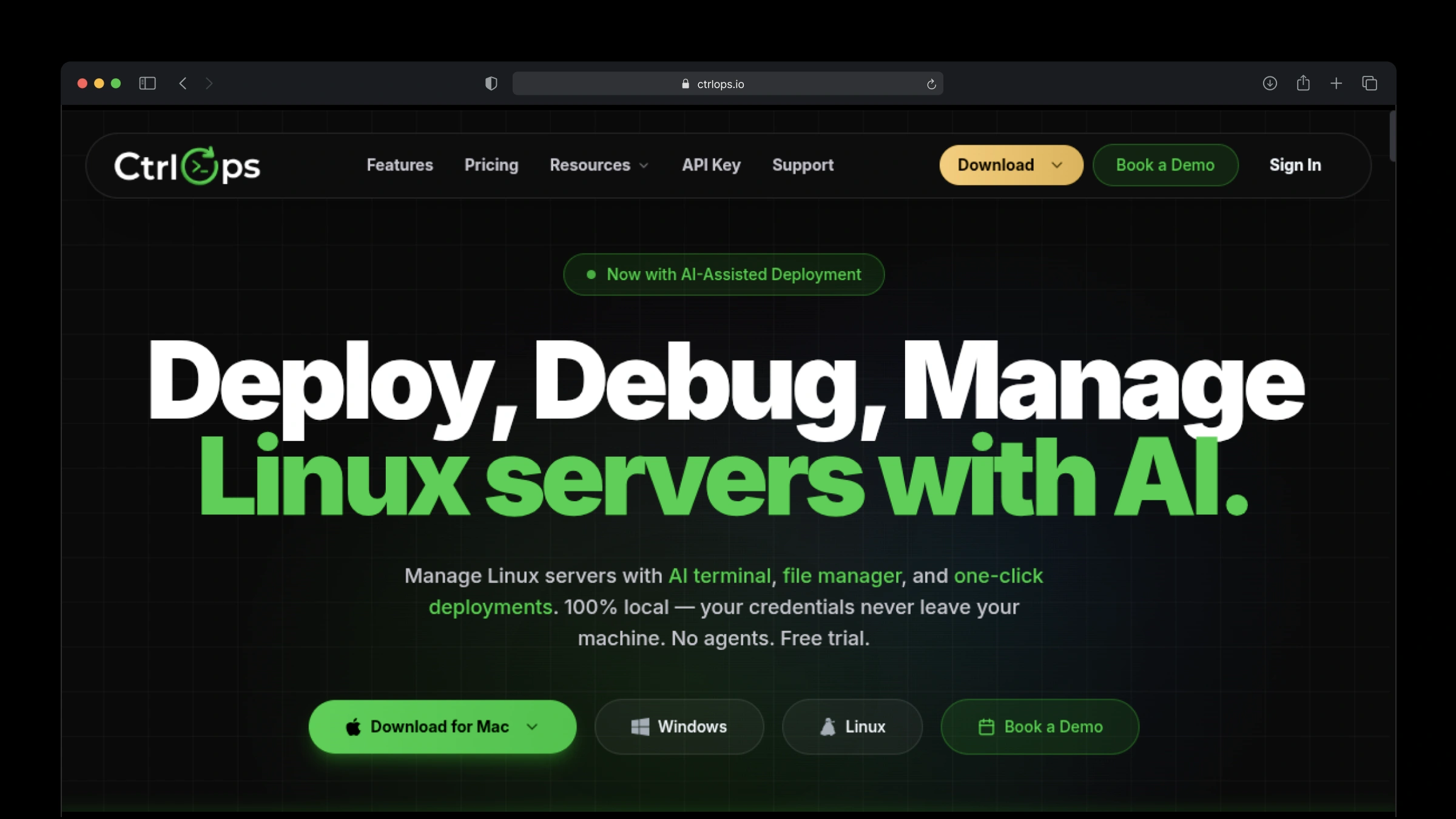CtrlOps all-in-one SSH client for Linux with named server cards, a GUI file manager, an infrastructure monitoring dashboard, and an approval-gated AI terminal in a single desktop app