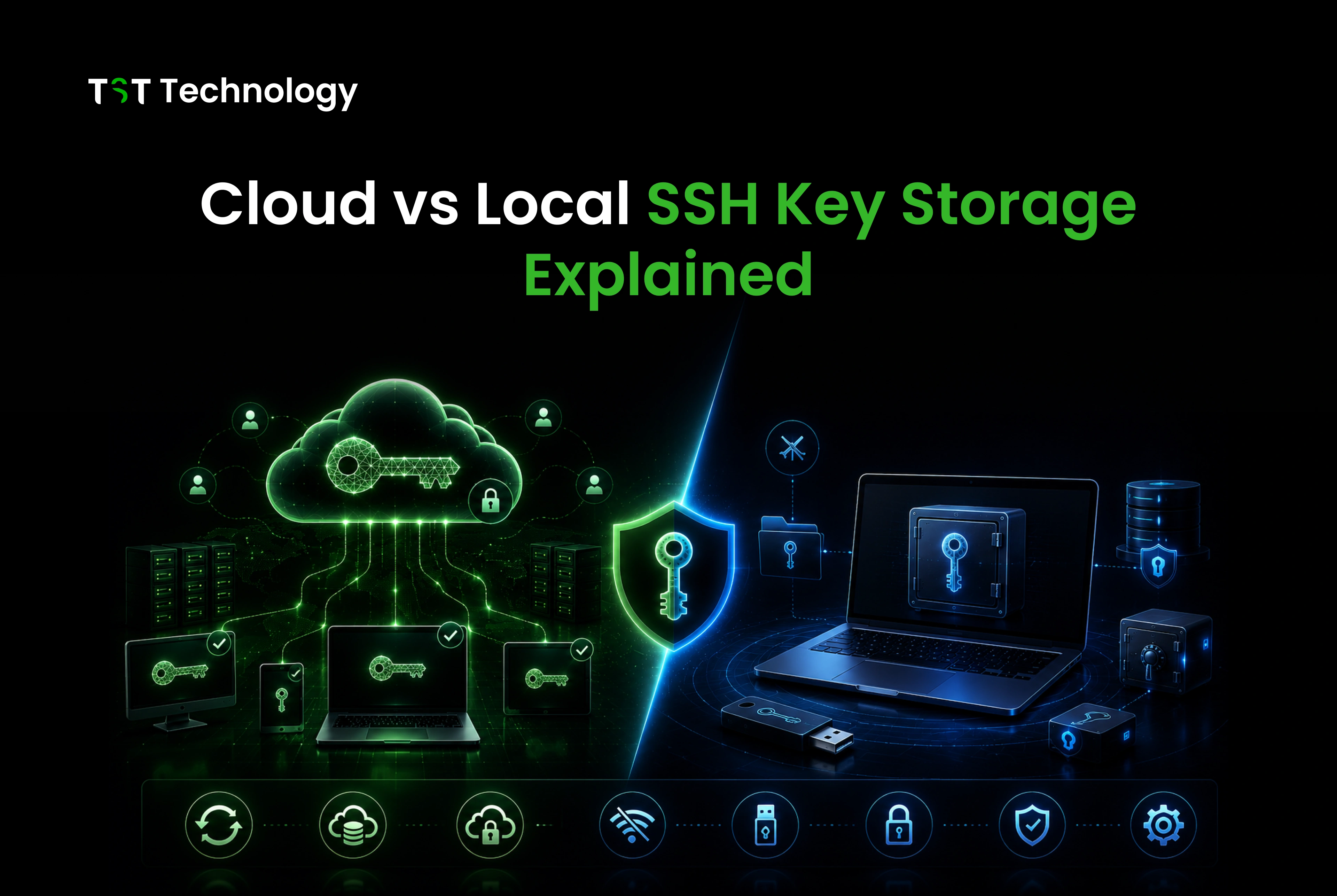 Mac SSH client key security comparison — local-only credential storage (CtrlOps, iTerm2) versus cloud sync (Termius, Warp)