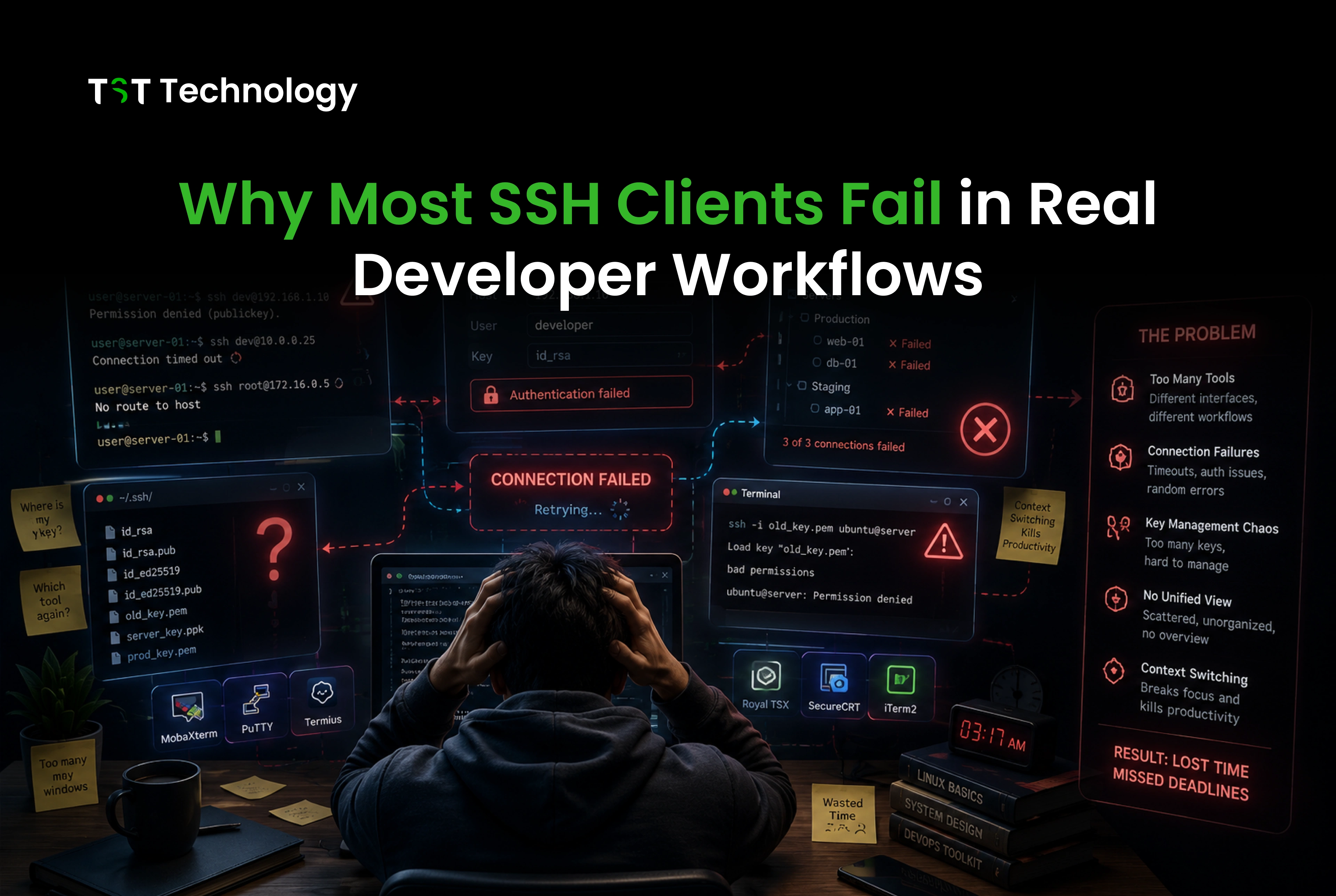 Mac developer context switching between Terminal, SFTP client, browser dashboard, and ChatGPT while managing servers with an SSH client