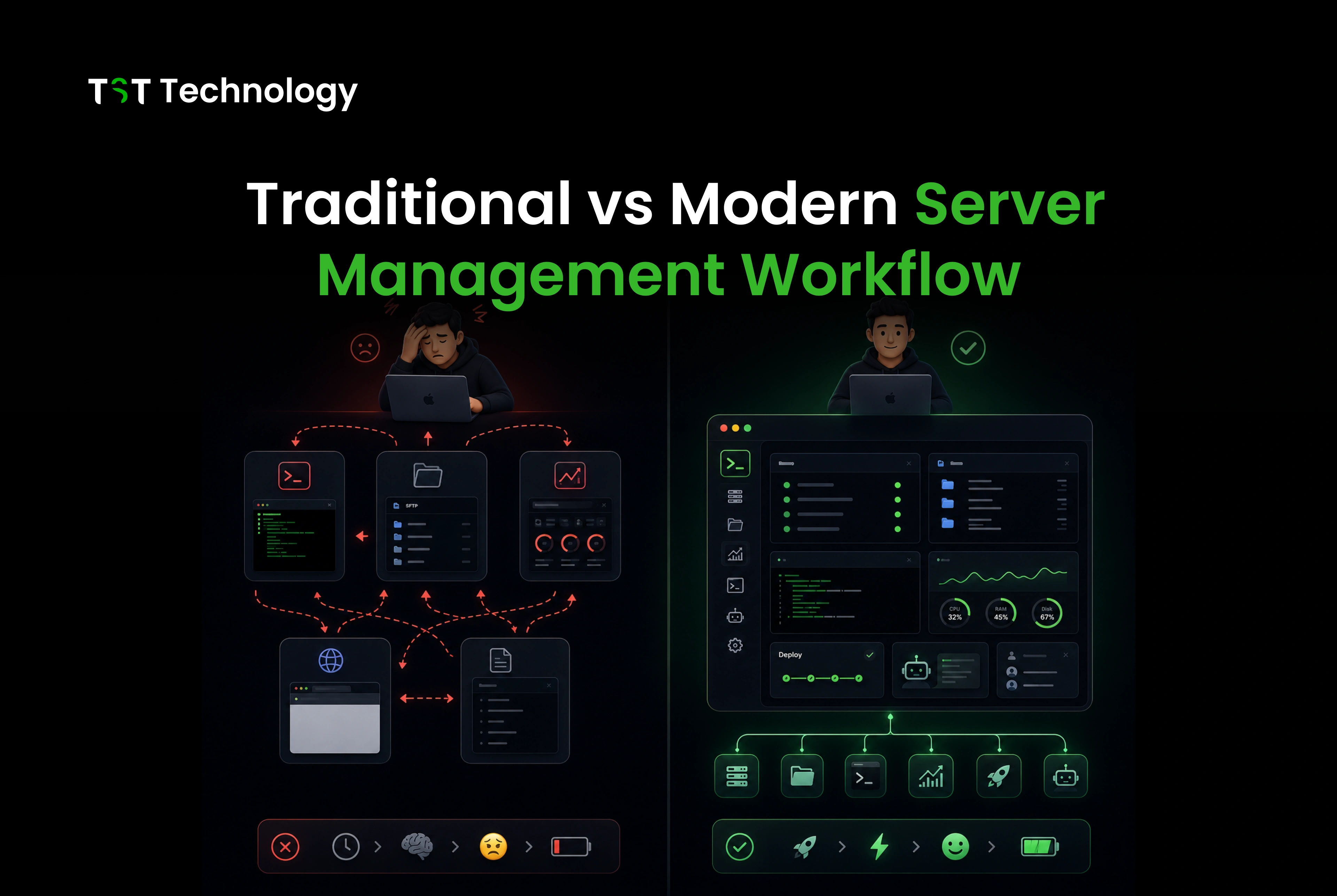 Mac SSH client workflow comparison — traditional multi-tool deployment versus unified CtrlOps one-click workflow