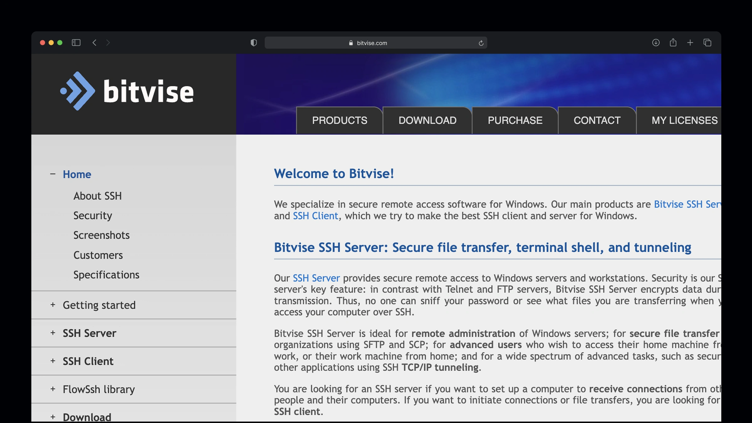 Bitvise SSH client on Windows with its graphical split-pane SFTP file transfer browser next to the terminal