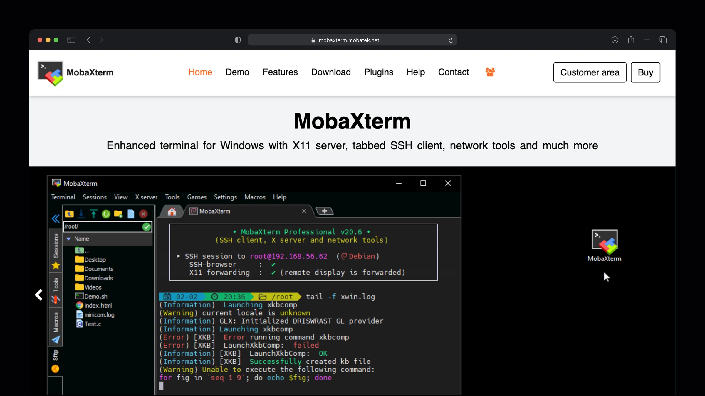 MobaXterm all-in-one Windows terminal with tabbed SSH sessions and a built-in SFTP file browser open side by side