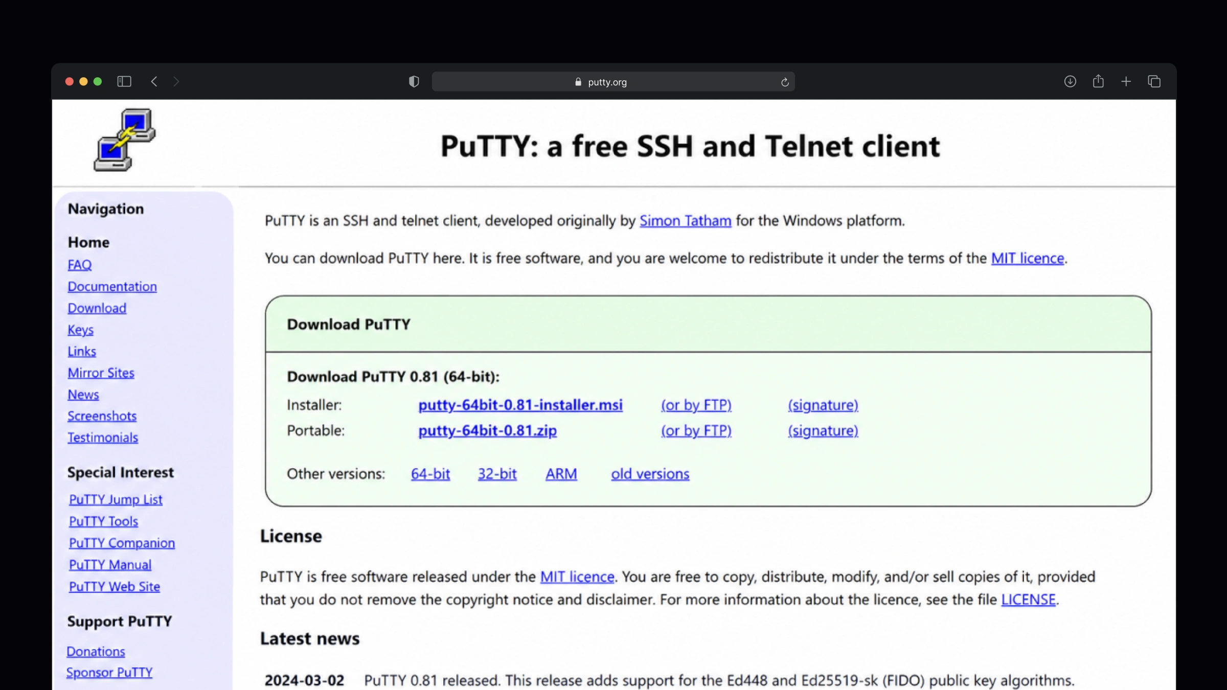 PuTTY SSH client for Windows configuration window showing host name, port, and saved session settings