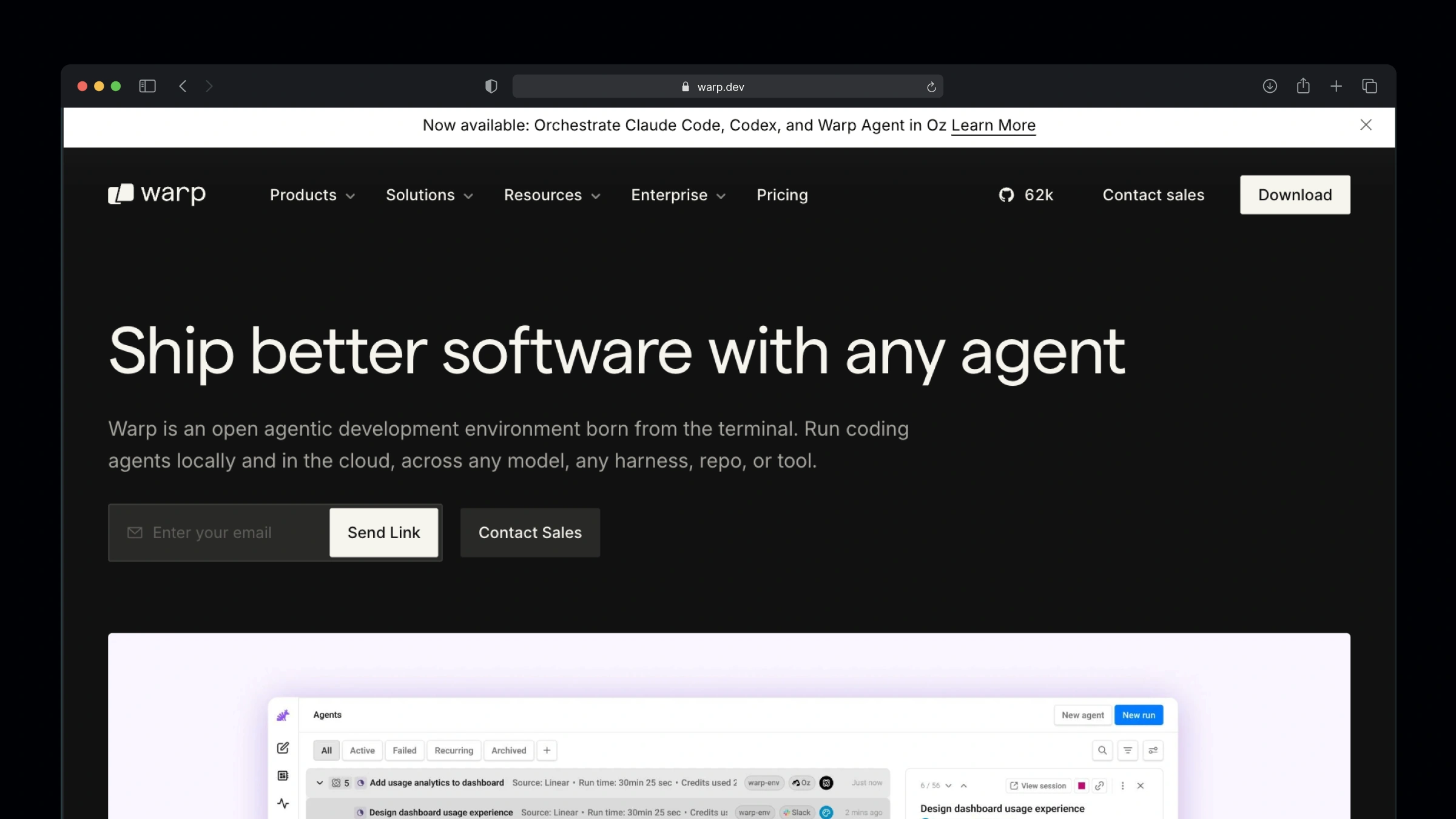 Warp AI-first terminal on Windows showing block-based command output and AI Agent Mode generating shell commands