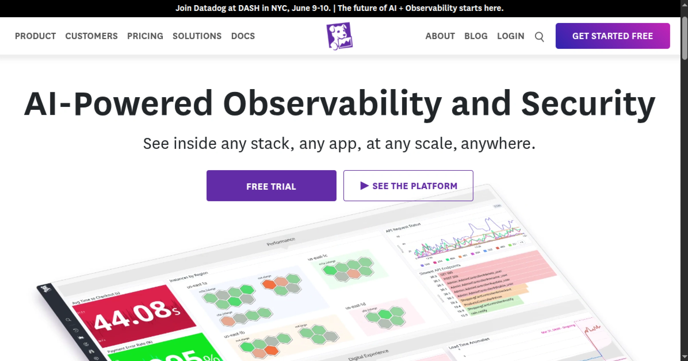 Datadog SaaS full-stack observability platform combining infrastructure monitoring, APM, log management, and synthetic testing
