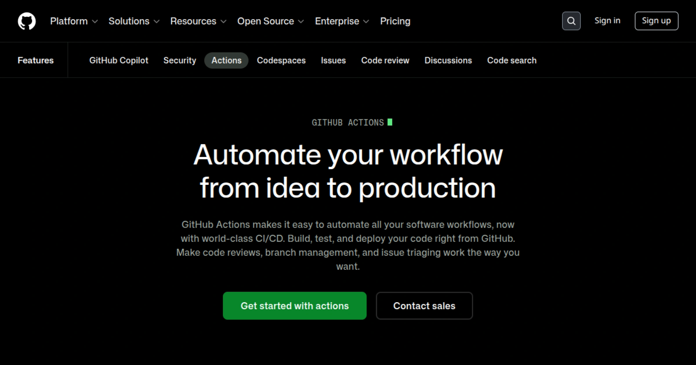 GitHub Actions CI/CD pipeline workflows built into GitHub repositories using YAML configuration files triggered by git events
