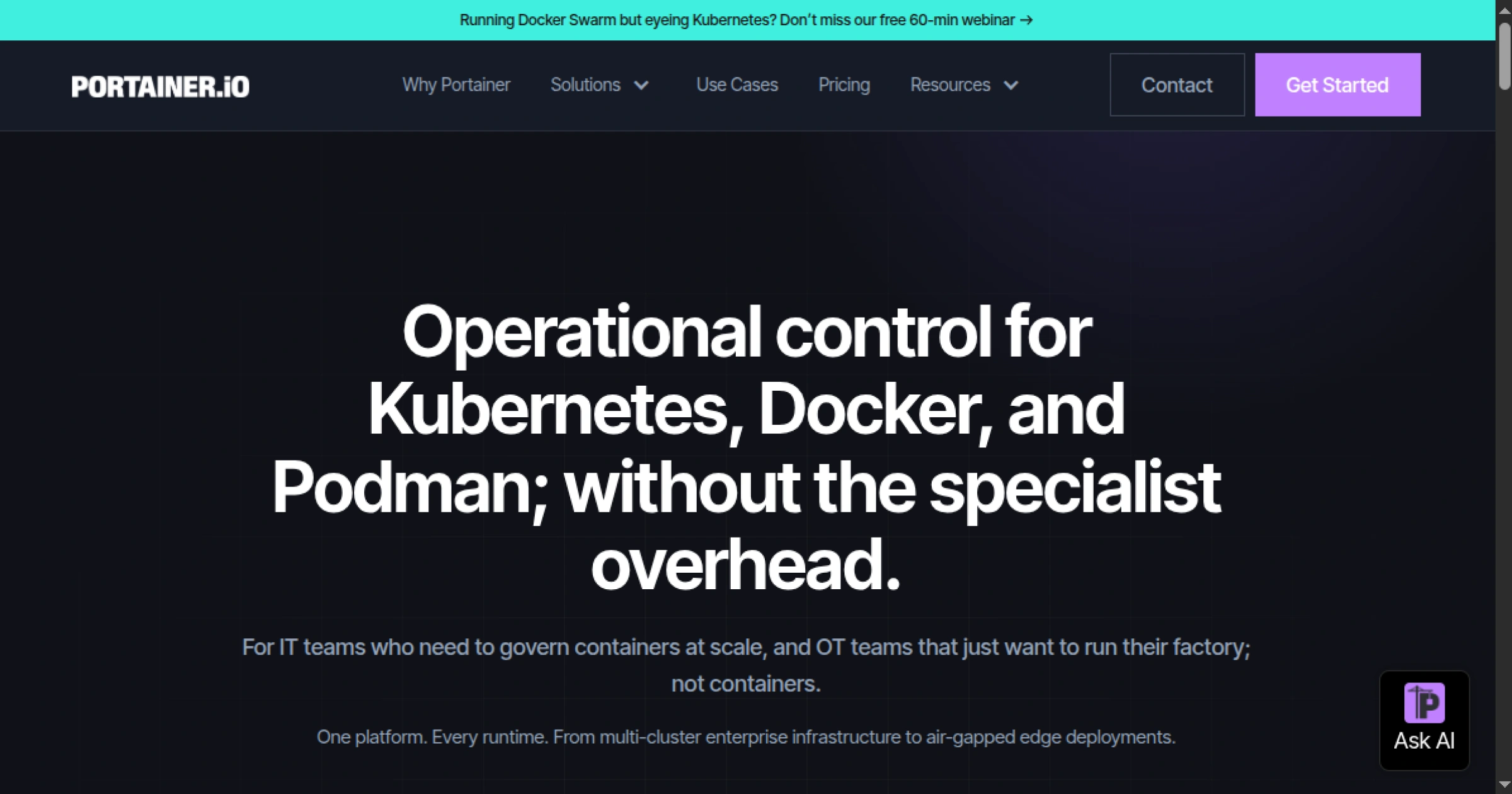 Portainer web-based GUI dashboard for managing Docker containers, images, volumes, networks, and Kubernetes clusters