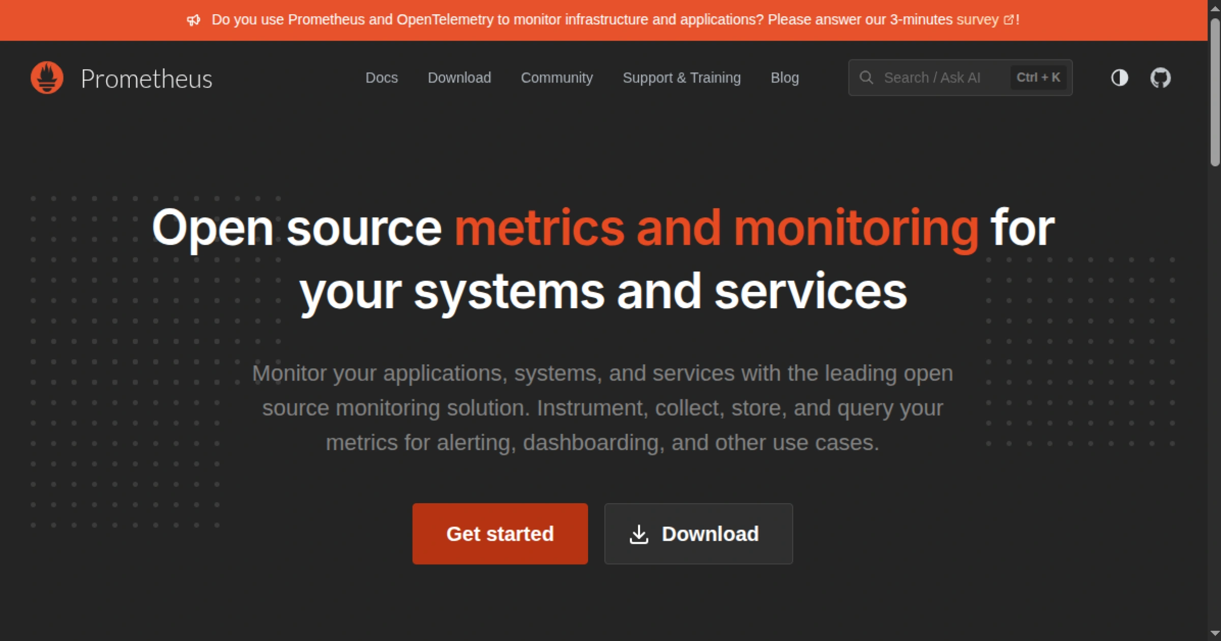 Prometheus open-source time-series metrics collection, alerting, and observability tool paired with Grafana dashboards
