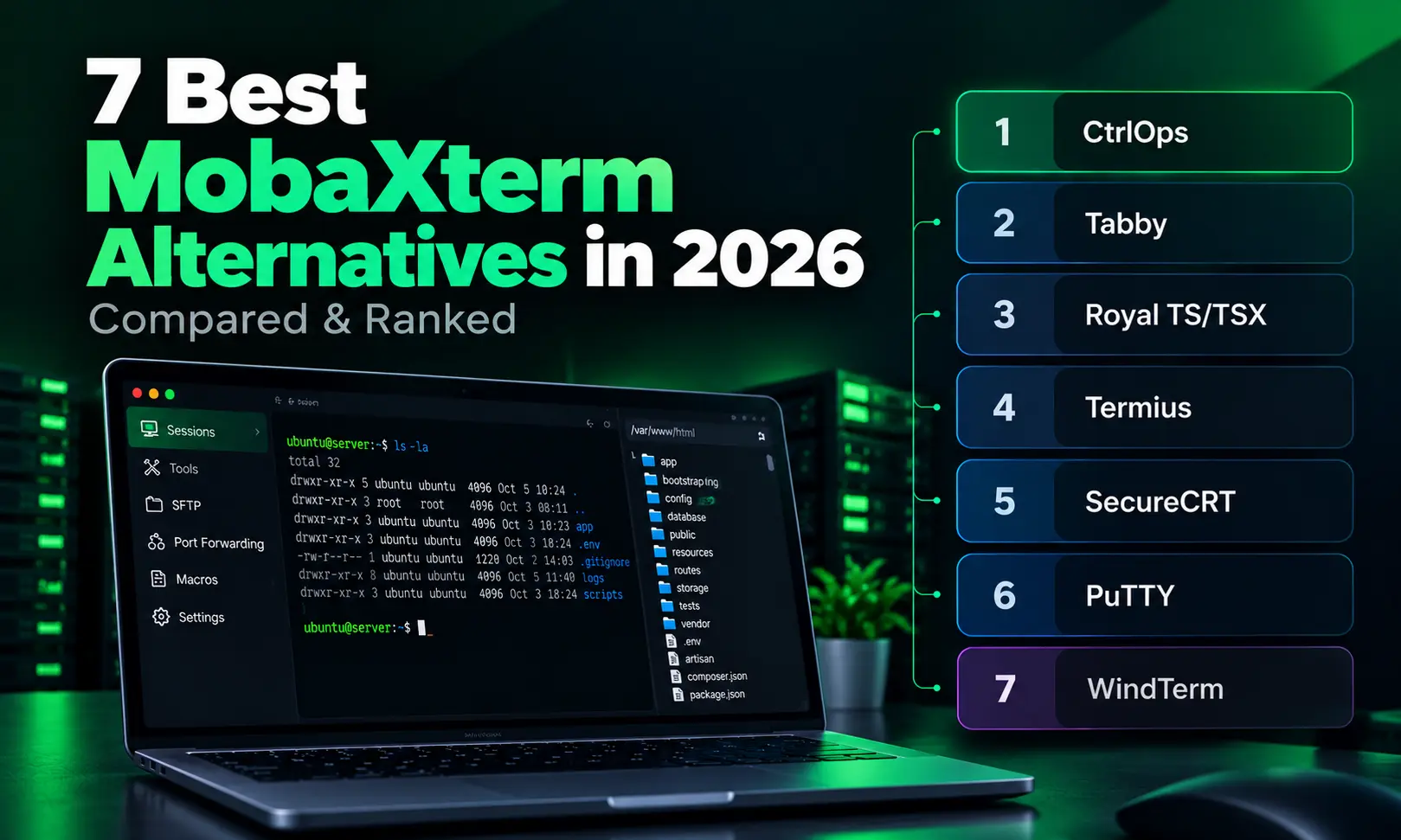 Ranked list of 7 MobaXterm alternatives: CtrlOps, Tabby, Royal TS/TSX, Termius, SecureCRT, PuTTY and WindTerm, beside a laptop terminal