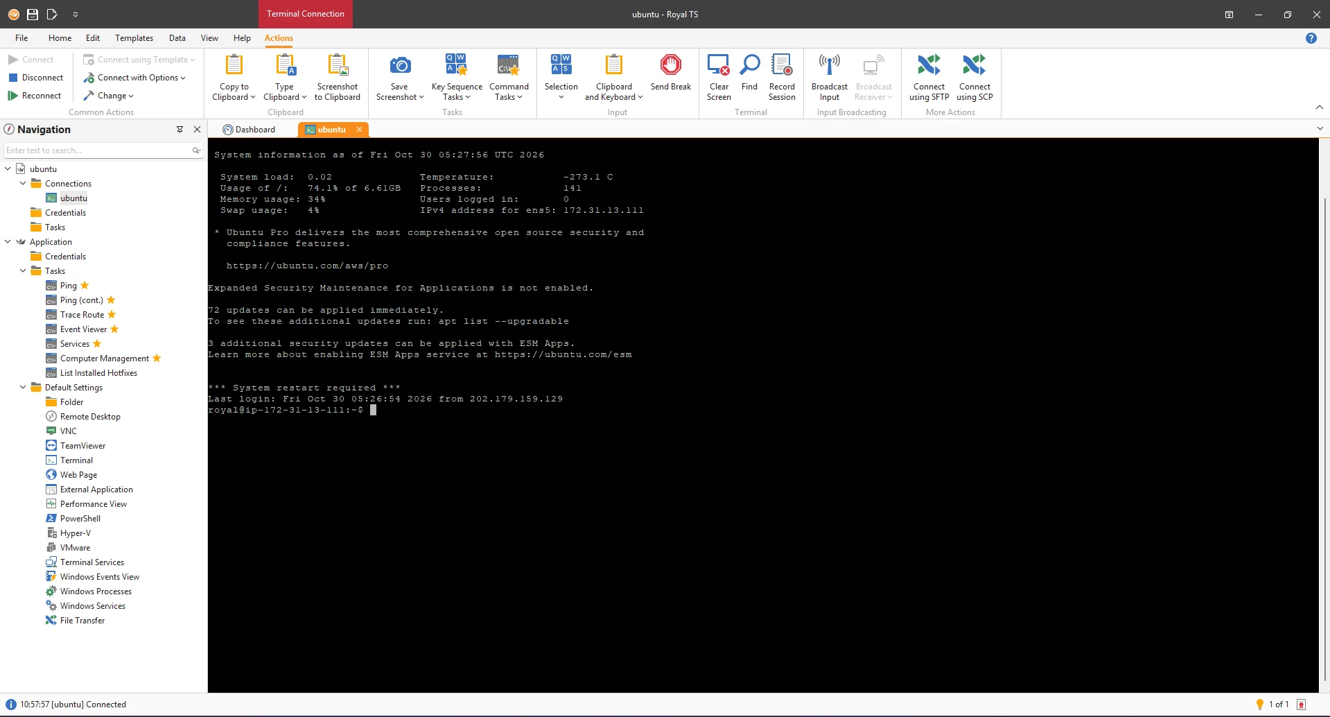 Royal TS on Windows in an SSH session to Ubuntu 26.04, with a connection tree and SFTP and SCP buttons