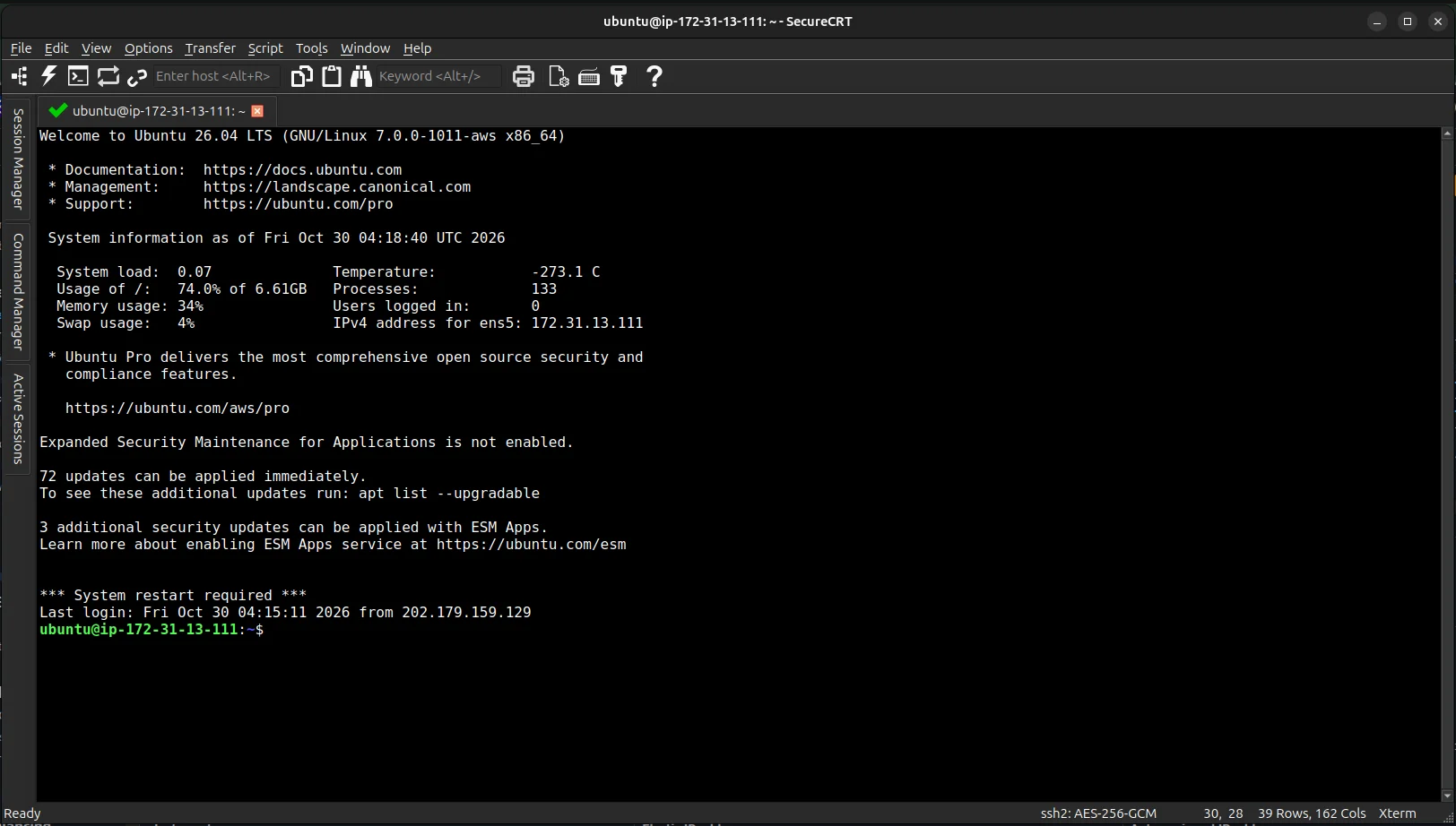SecureCRT on Linux in an AES-256-GCM SSH2 session to Ubuntu 26.04, with the Session Manager tab
