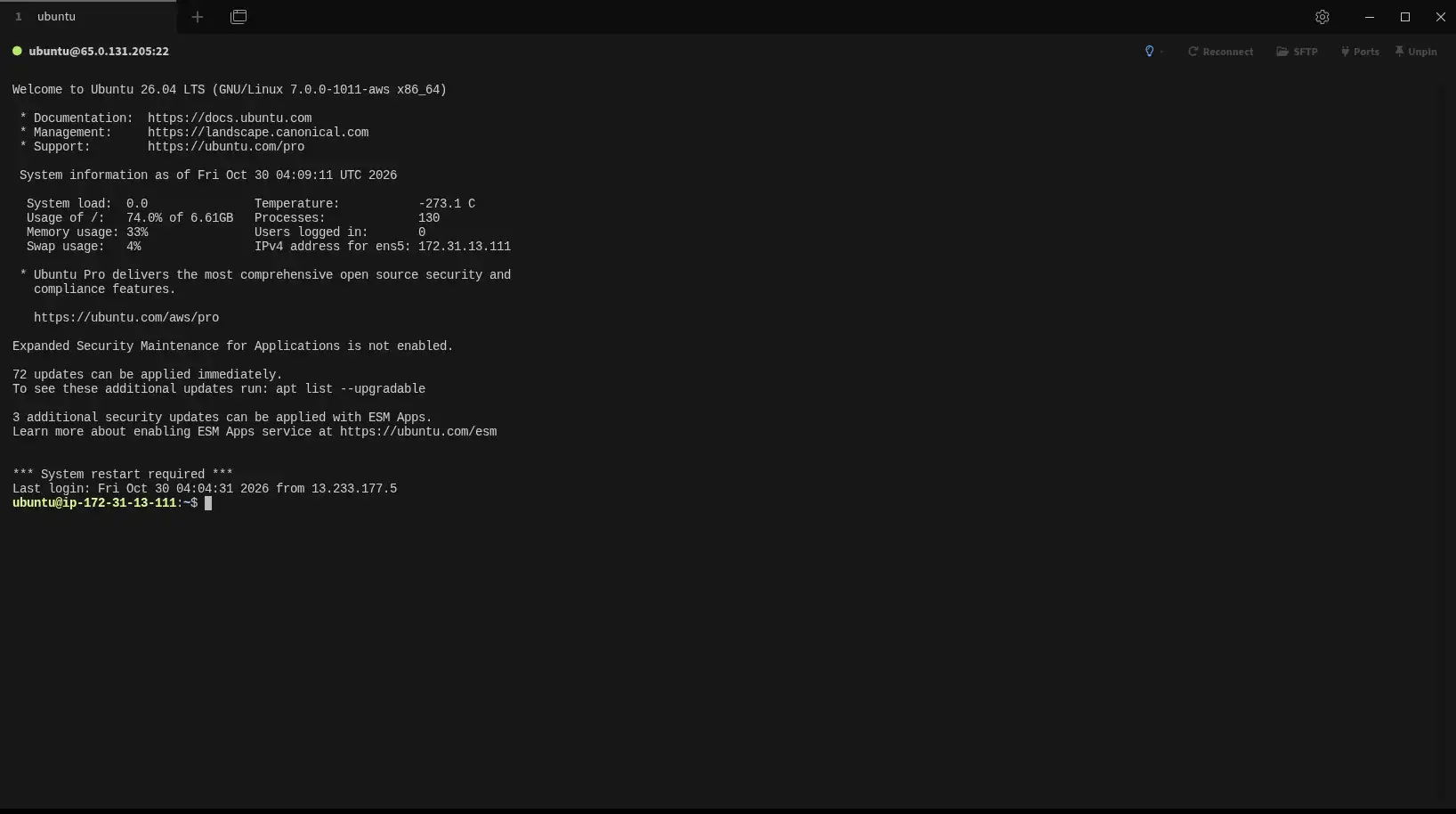 Tabby SSH session to an Ubuntu 26.04 server, with Reconnect, SFTP and Ports buttons in the toolbar