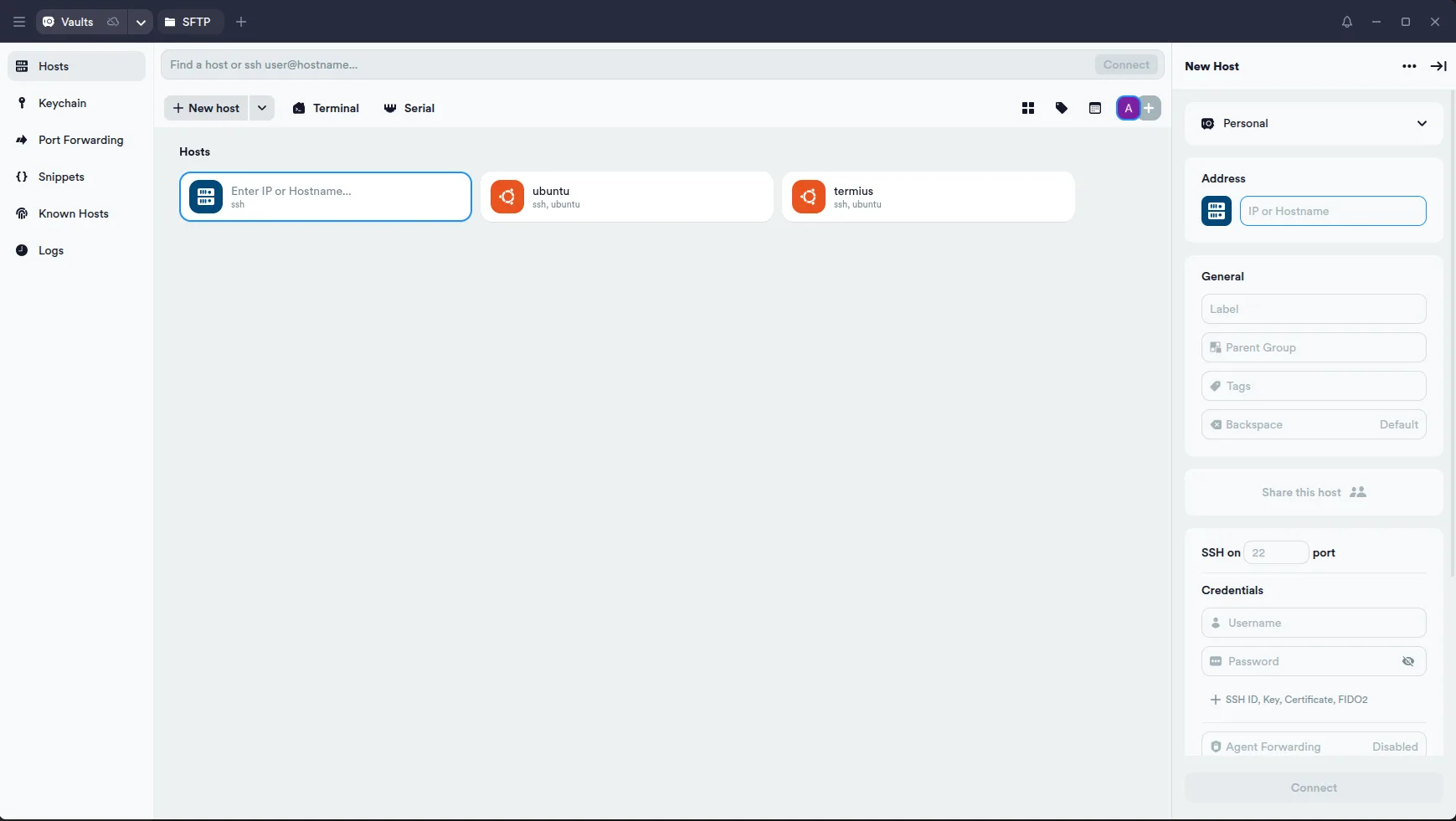 Termius Hosts screen with saved Ubuntu hosts and the New Host panel for address, port and credentials