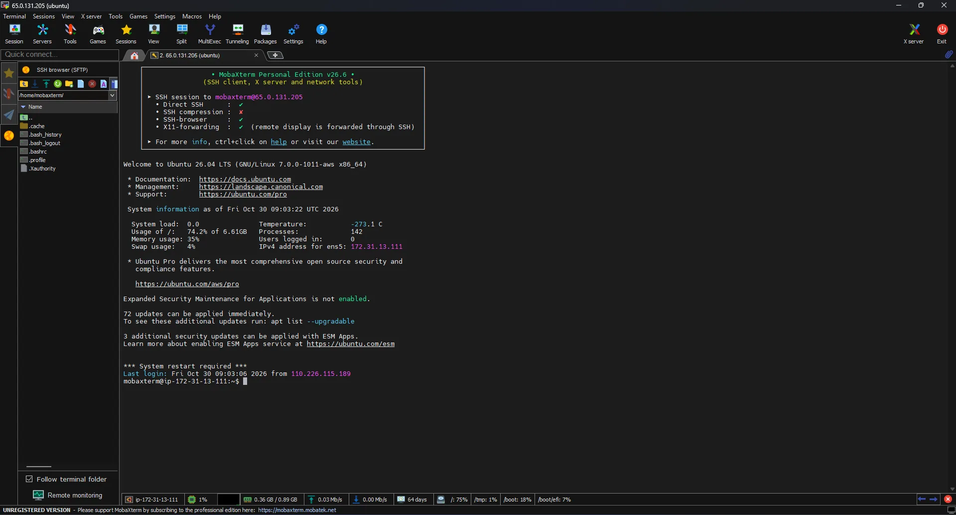 MobaXterm 26.6 SSH session to Ubuntu 26.04, with the SFTP browser on the left and X11 forwarding enabled