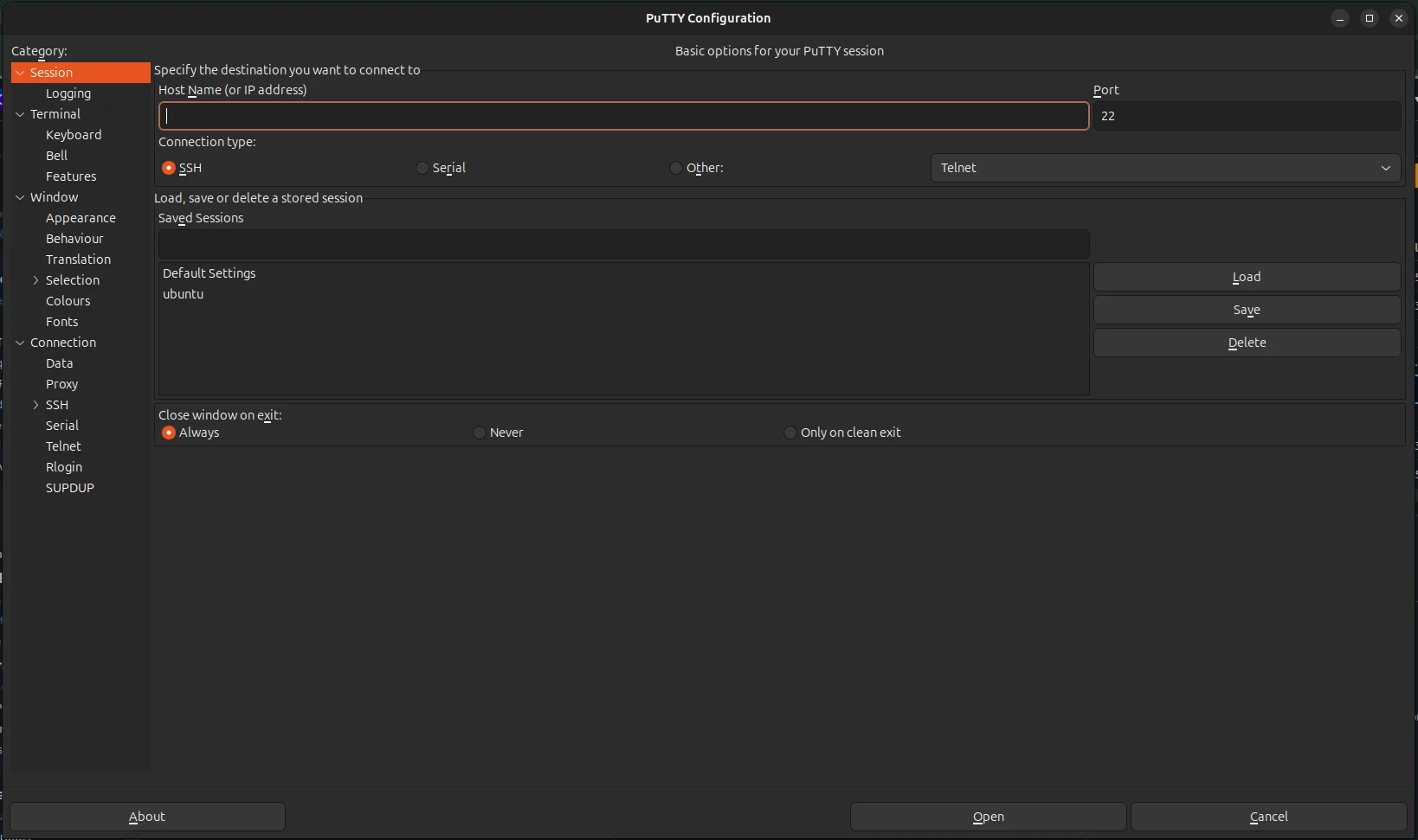 PuTTY Configuration window on Linux with host name, port 22, SSH or Serial connection and a saved session