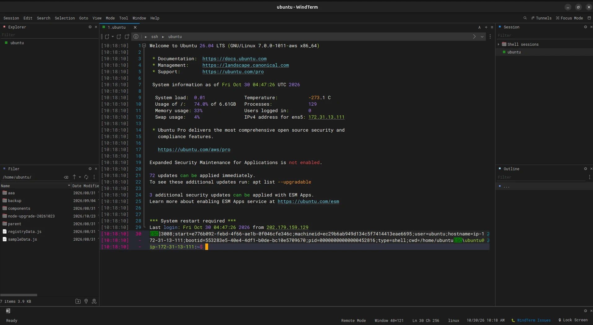 WindTerm SSH session to Ubuntu 26.04, with a remote file browser on the left and a session list on the right