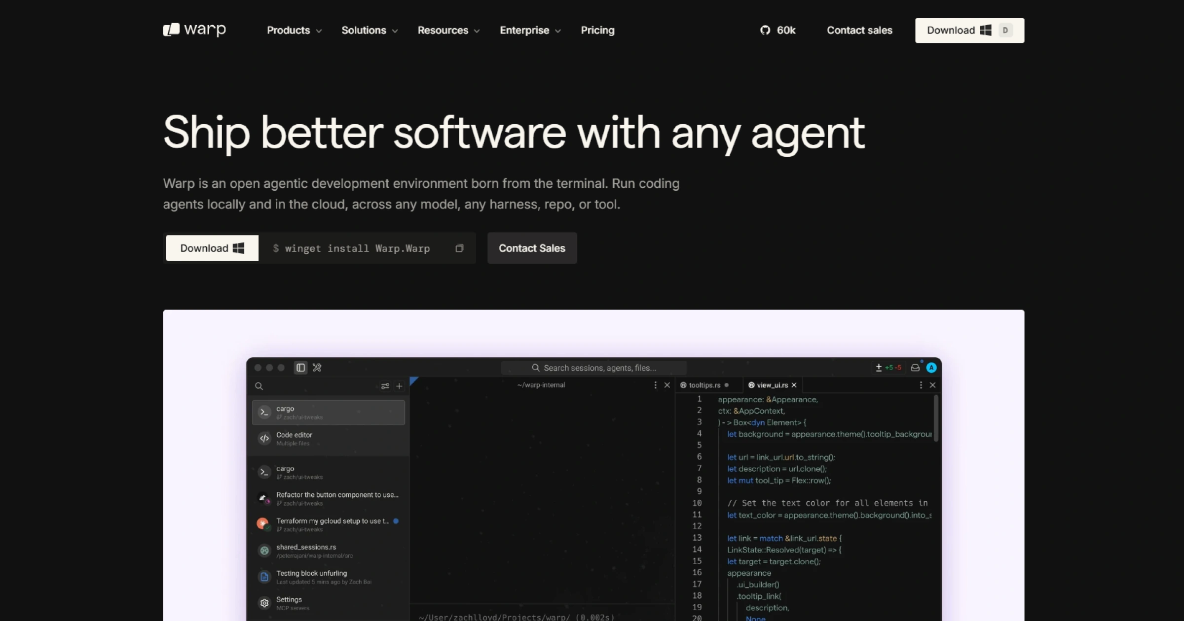 Warp PuTTY alternative for Windows - AI-powered local terminal with block-based output, natural-language Agent Mode, and Warp Drive command sharing for teams