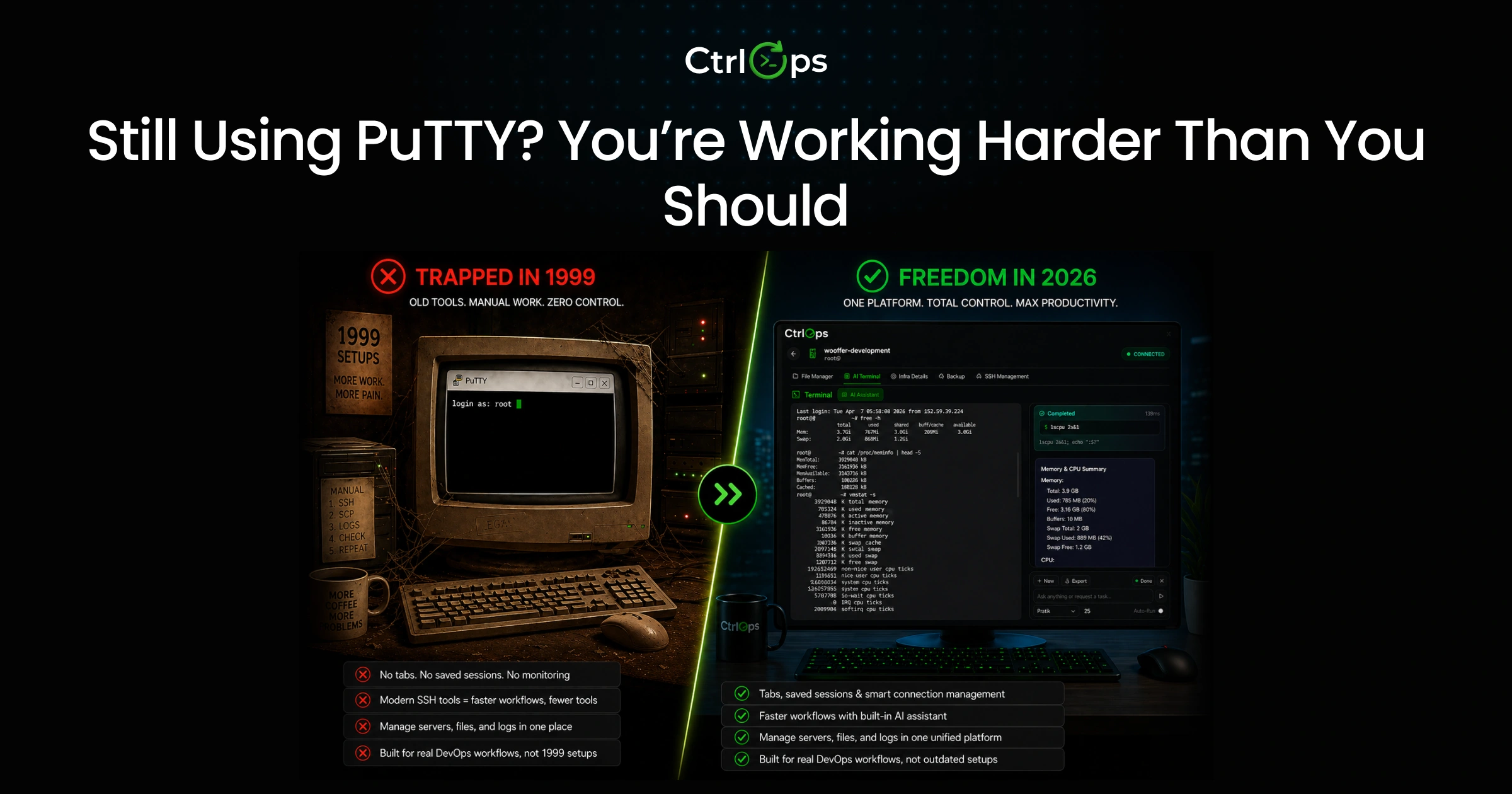 Still using PuTTY in 2026? Modern SSH alternatives with tabbed sessions, saved credentials, and AI assistance