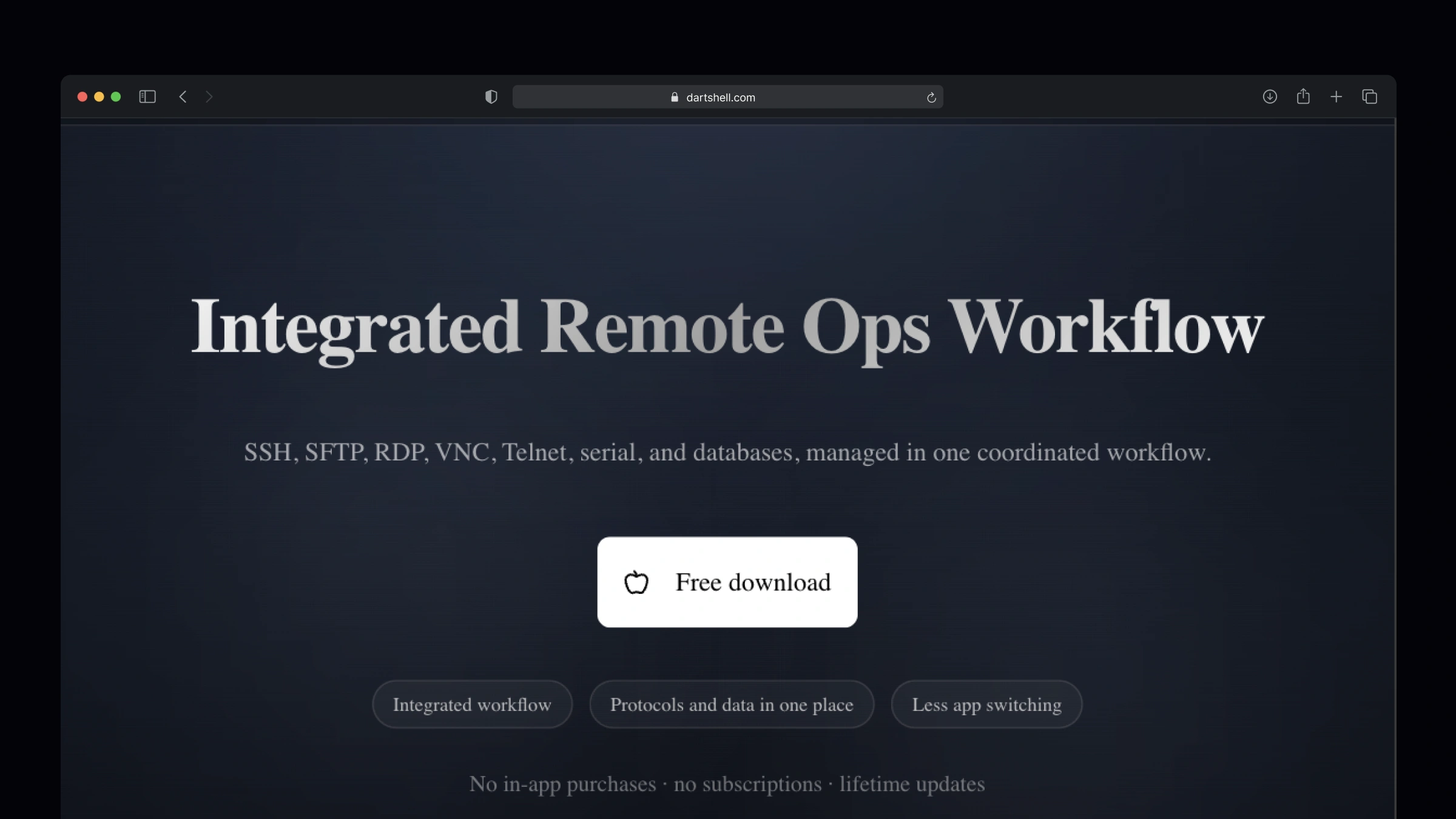 DartShell lightweight Mac-native remote access app bundling SSH, RDP, VNC, and SFTP in one window - a multi-protocol SecureCRT alternative for macOS