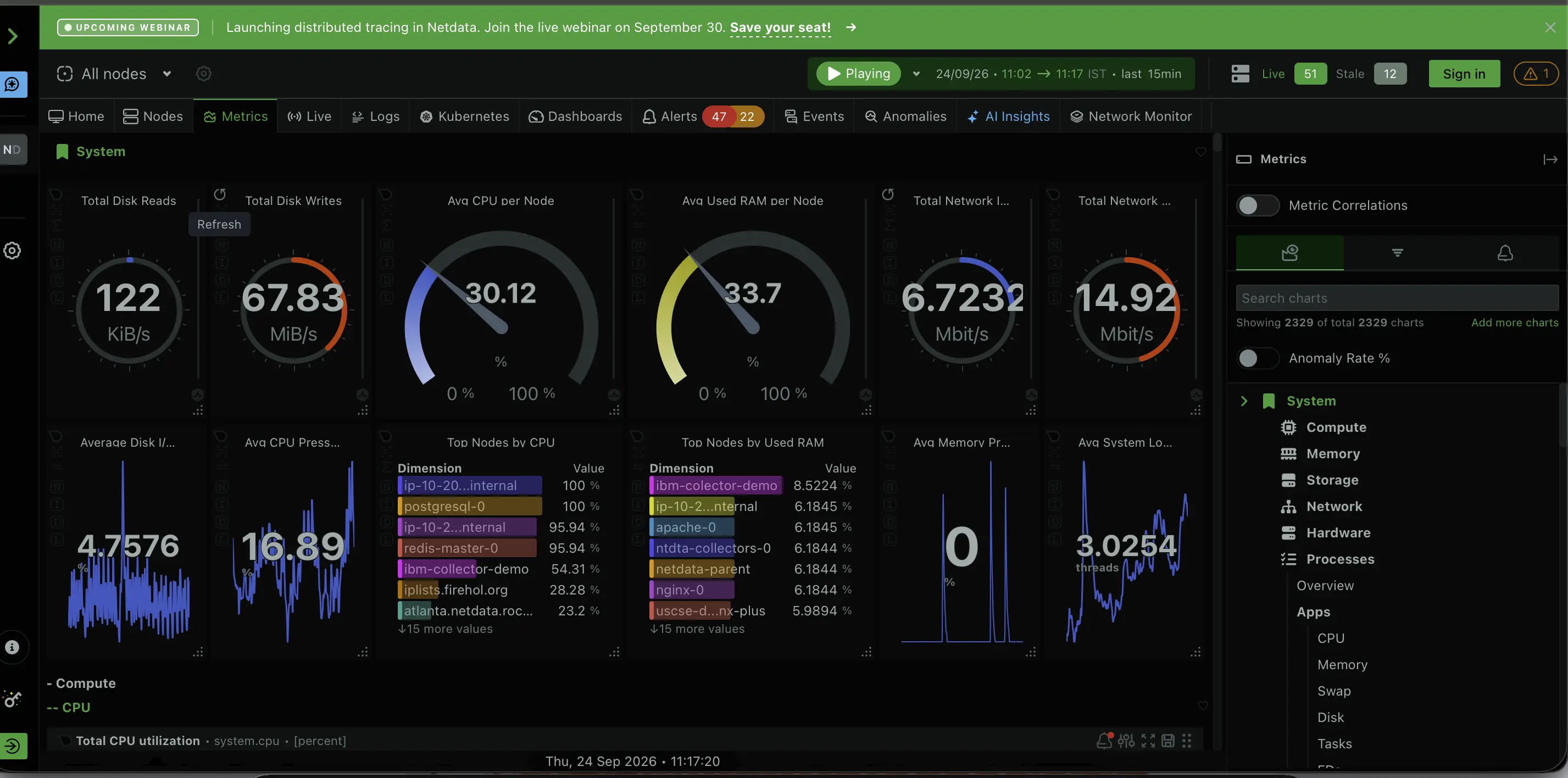 Netdata dashboard with real-time gauges for CPU, RAM, disk I/O and network across all nodes, plus Top Nodes by CPU and Top Nodes by Used RAM tables
