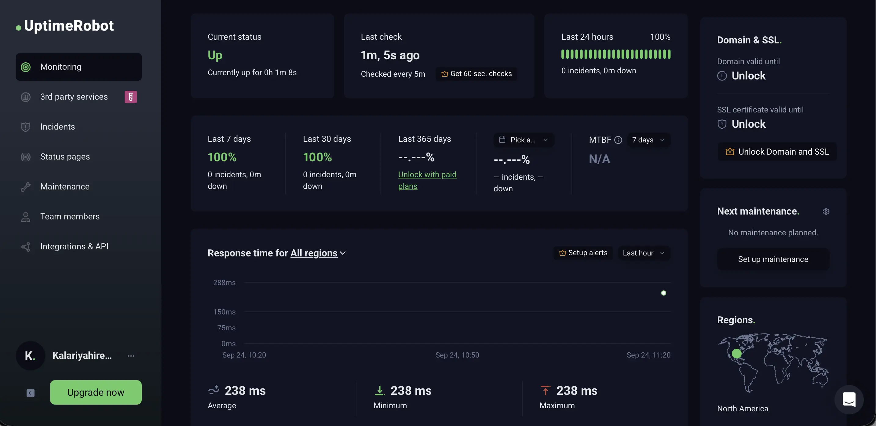 UptimeRobot monitor showing current status Up, a 5-minute check interval, 100% uptime over the last 7 and 30 days, and a 238 ms response time chart