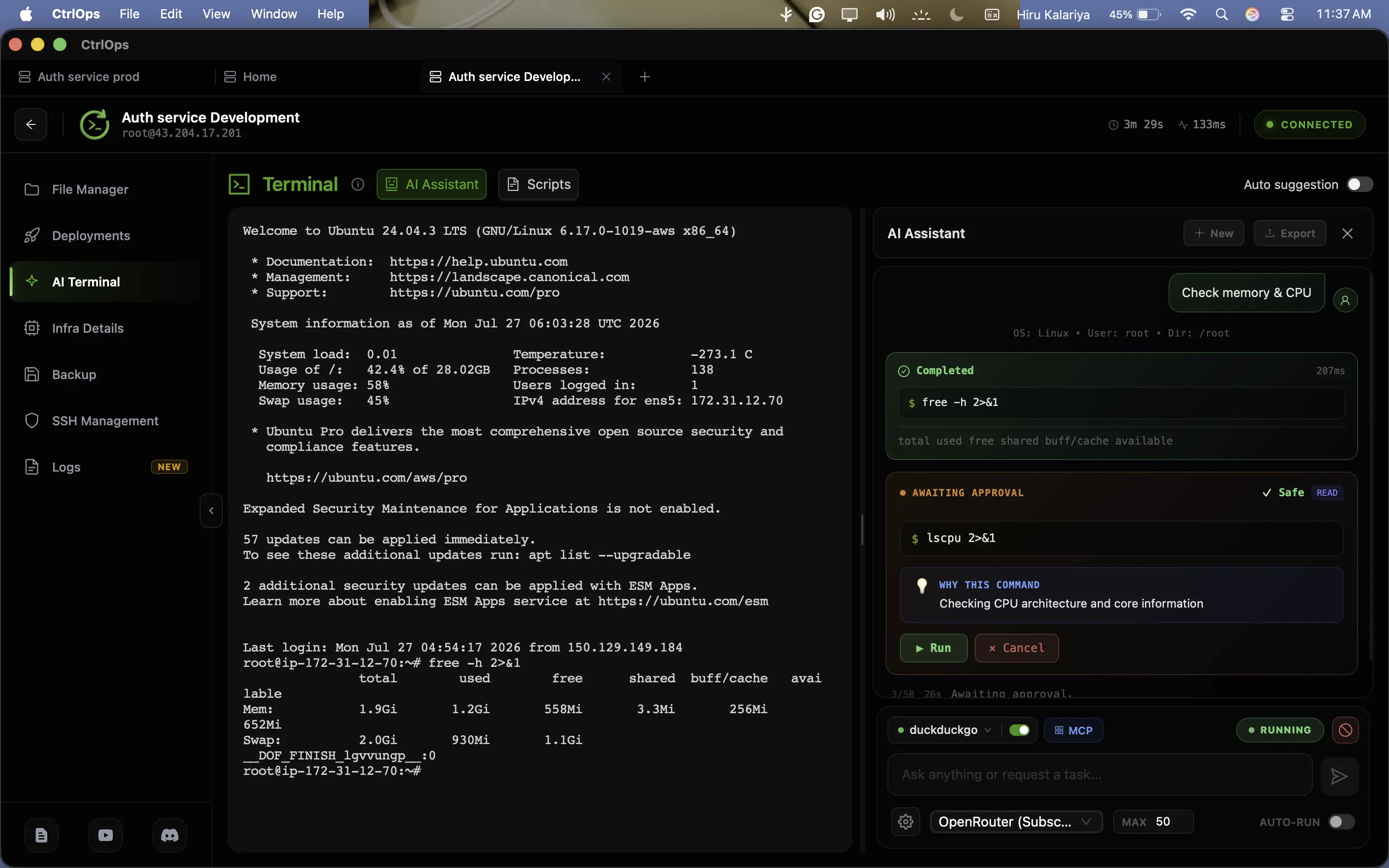 CtrlOps AI Terminal on macOS showing an lscpu command awaiting approval with a Safe read-only badge, a "why this command" explanation, and Run or Cancel buttons, while the AI runs on the desktop instead of the server