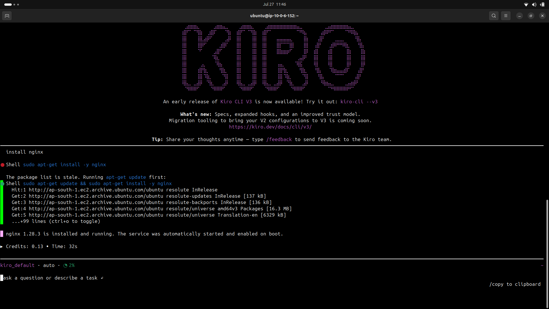 Kiro CLI AI agent running on an Ubuntu server, expanding the prompt "install nginx" into apt-get update and apt-get install commands and reporting nginx 1.28.3 installed and enabled in 32 seconds