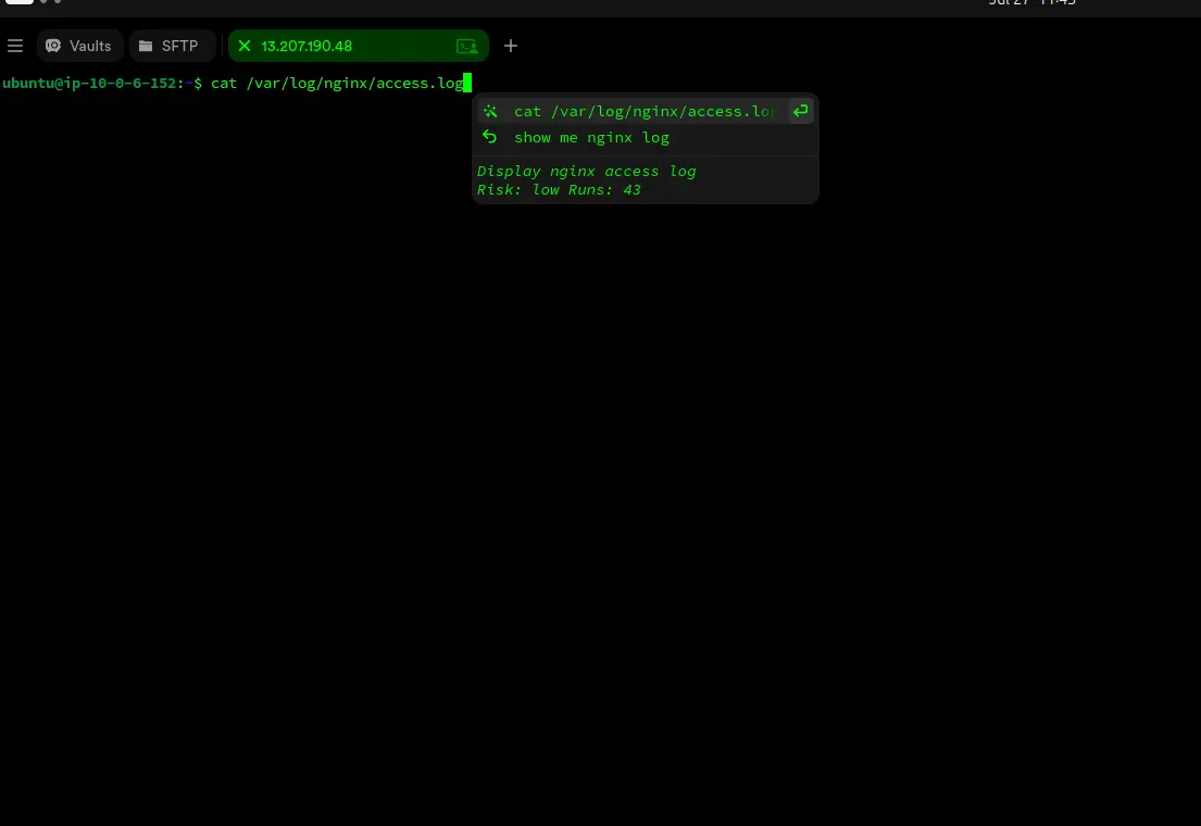 Termius AI autocomplete turning the plain English prompt "show me nginx log" into the cat /var/log/nginx/access.log command inside an active SSH session, with a low risk label