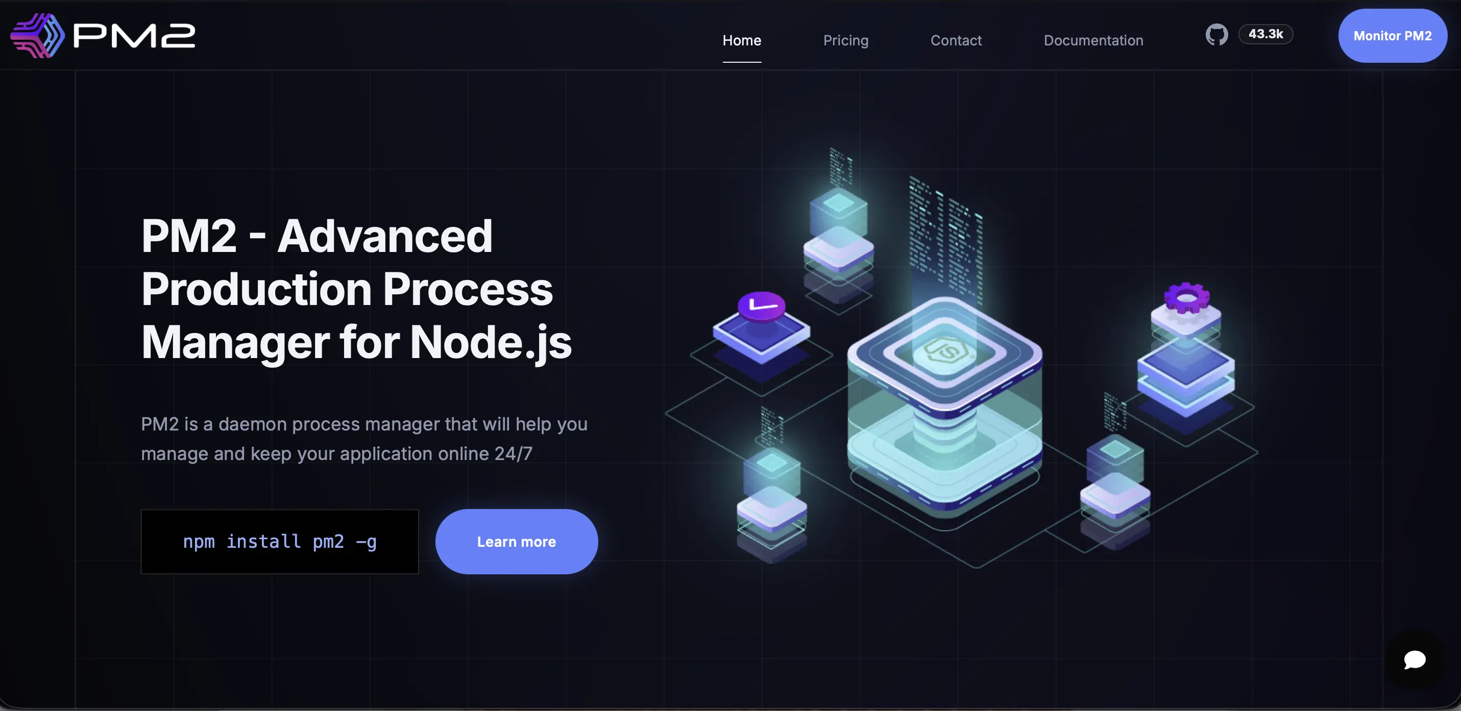 The official PM2 homepage describing PM2 as an advanced production process manager for Node.js that keeps your application online 24/7, with the npm install pm2 -g command and 43.3k GitHub stars
