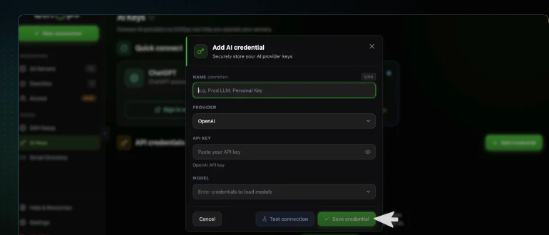 The CtrlOps Add AI credential modal with the Name identifier, Provider, API key, and Model fields filled out, and the cursor on the green Save credential button beside Cancel and Test connection