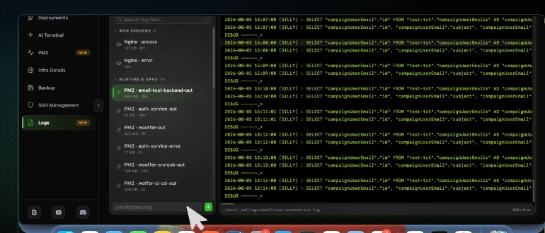 The bottom of the CtrlOps Log Sources list, showing the /var/log/app.log path input with the green plus button beside it