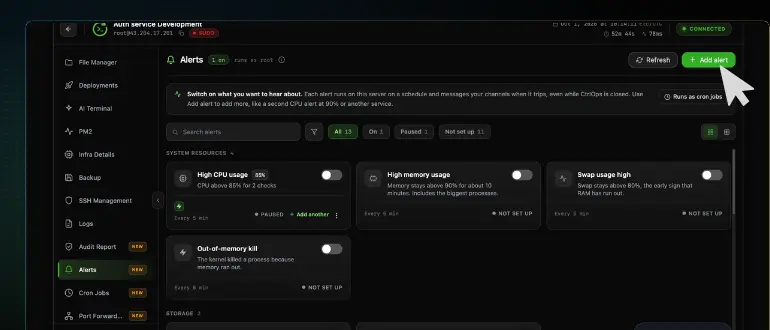 The CtrlOps Alerts tab with the cursor on the green Add alert button at the top right, next to Refresh, above a High CPU usage card that is already set up with an Add another link