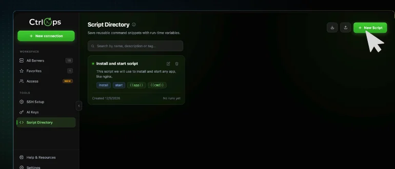 The CtrlOps Script Directory listing one saved script, with the cursor on the green New Script button at the top right