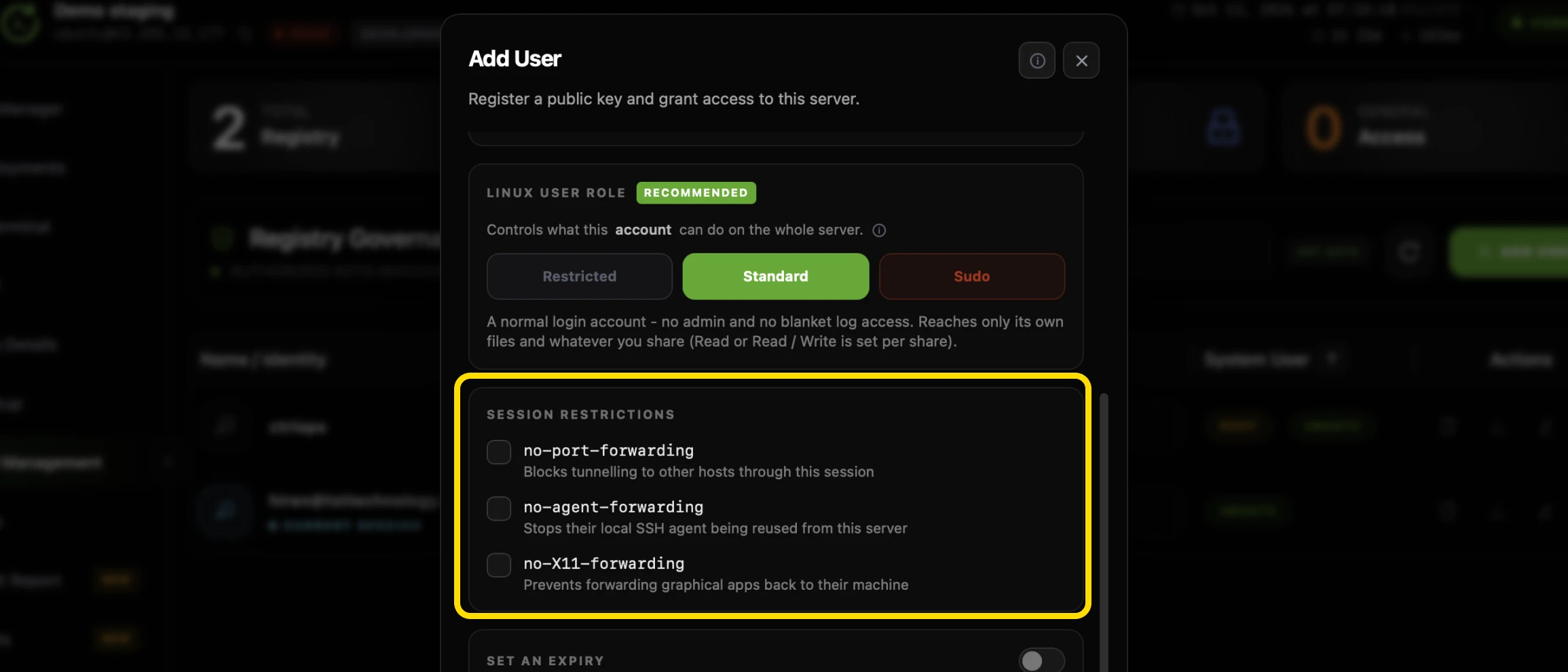 The Session Restrictions section of the CtrlOps Add User modal highlighted, with unticked checkboxes for no-port-forwarding, no-agent-forwarding and no-X11-forwarding and a one-line explanation under each