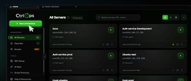 CtrlOps All Servers dashboard with the green New connection button highlighted above the workspace list